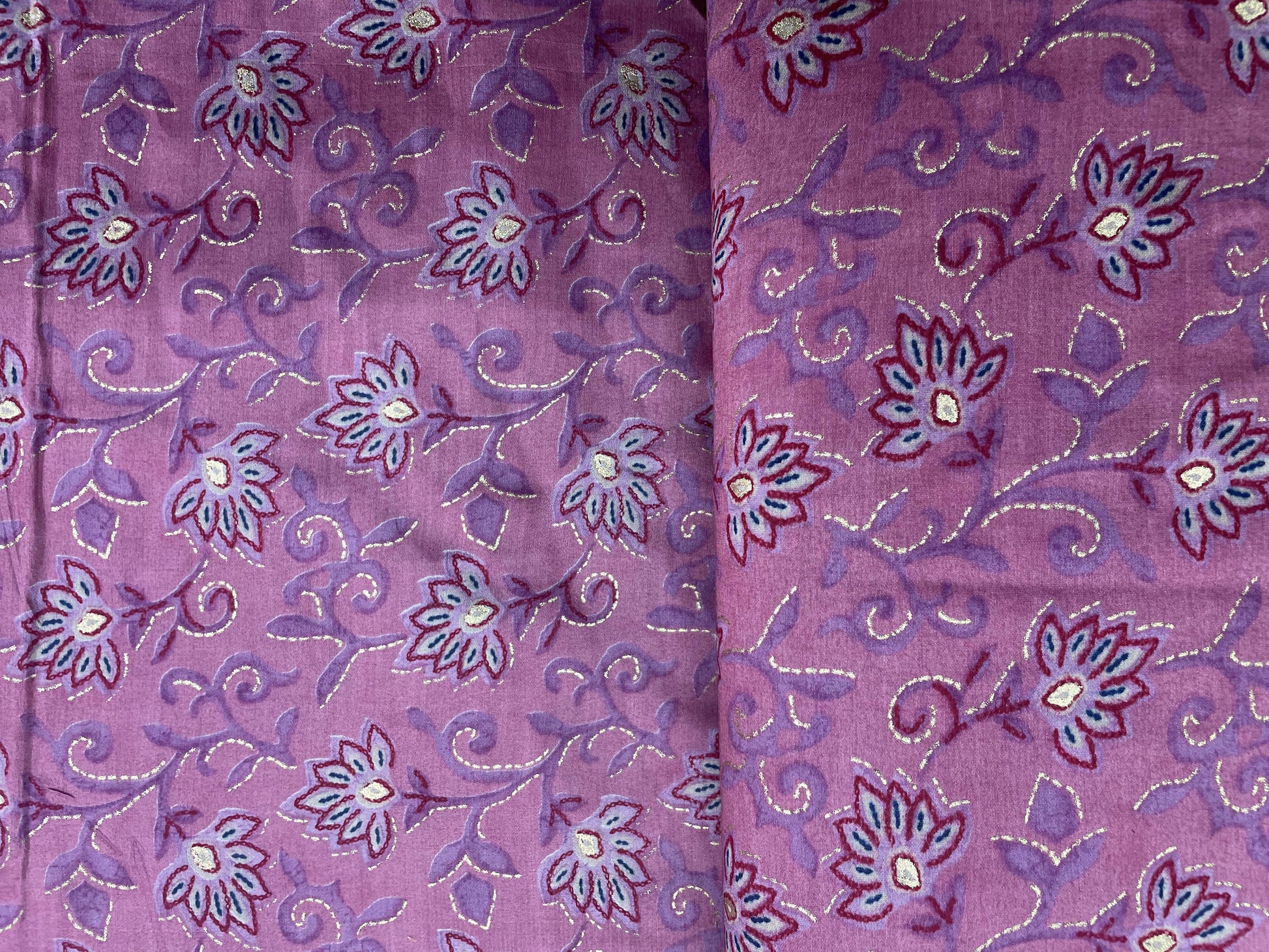 Pink Floral with Foil Print Chanderi Silk Fabric - TradeUNO
