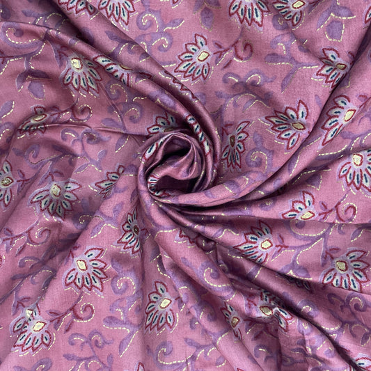 Pink Floral with Foil Print Chanderi Silk Fabric
