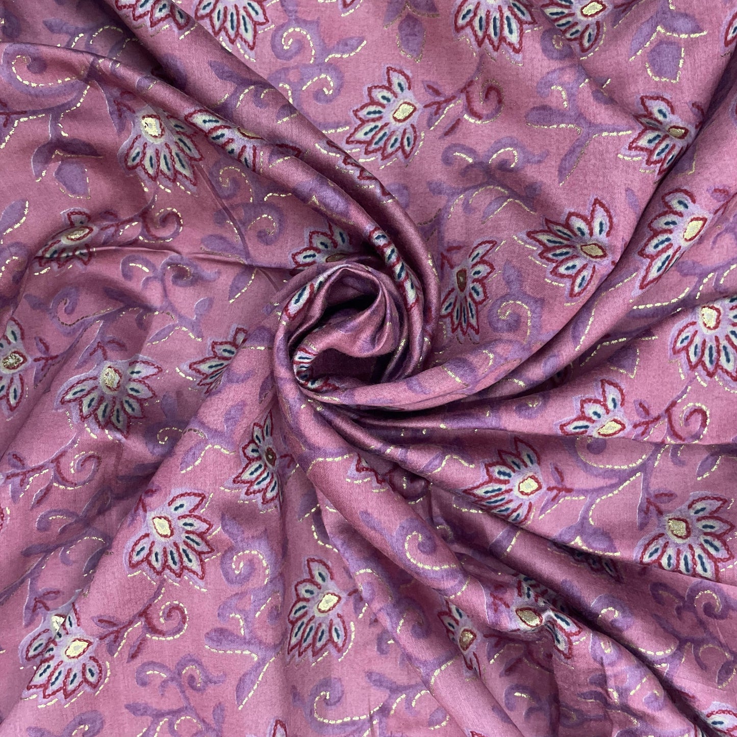 Pink Floral with Foil Print Chanderi Silk Fabric - TradeUNO