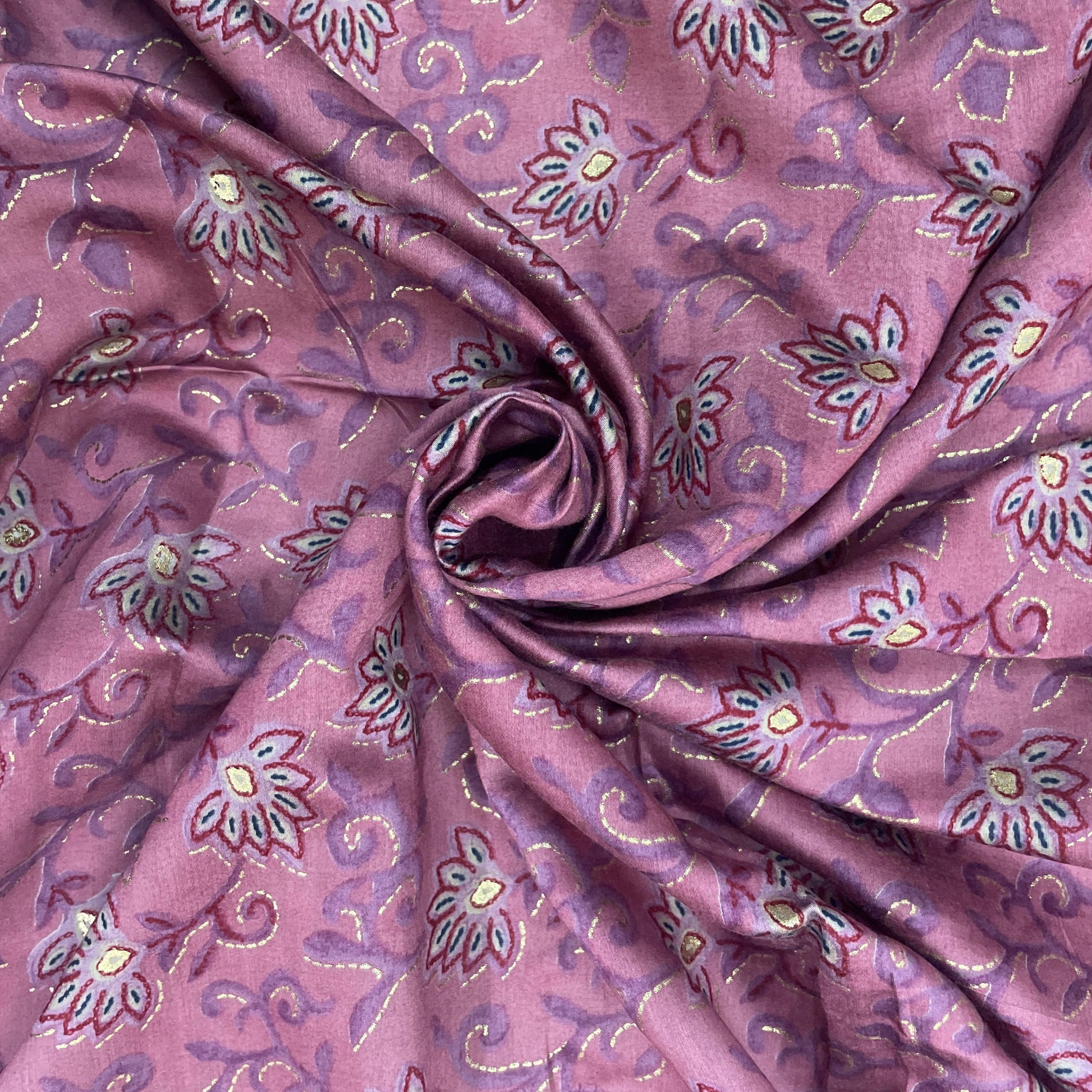 Pink Floral with Foil Print Chanderi Silk Fabric - TradeUNO
