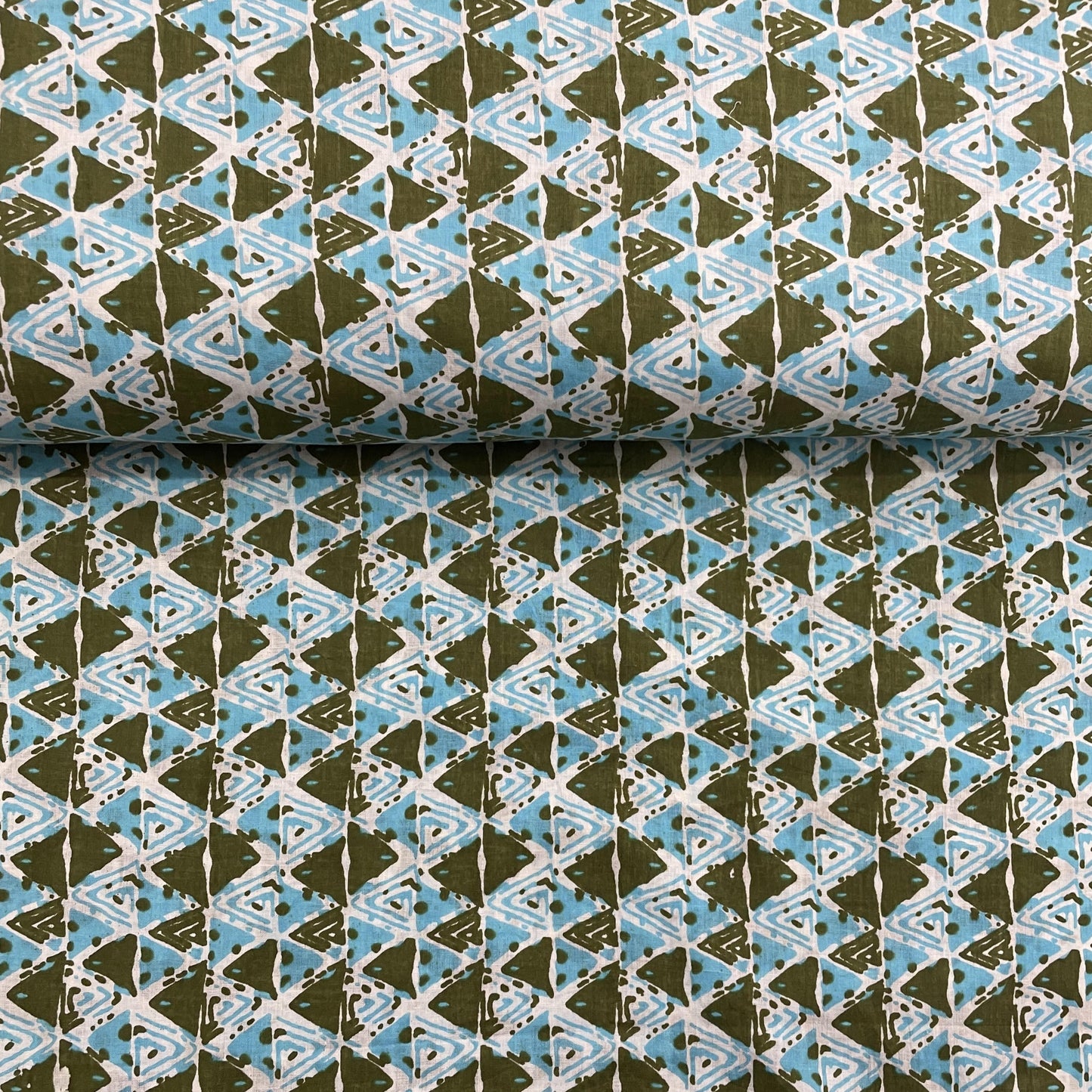 White With Green & Blue Handblock Print Cotton Fabric - TradeUNO