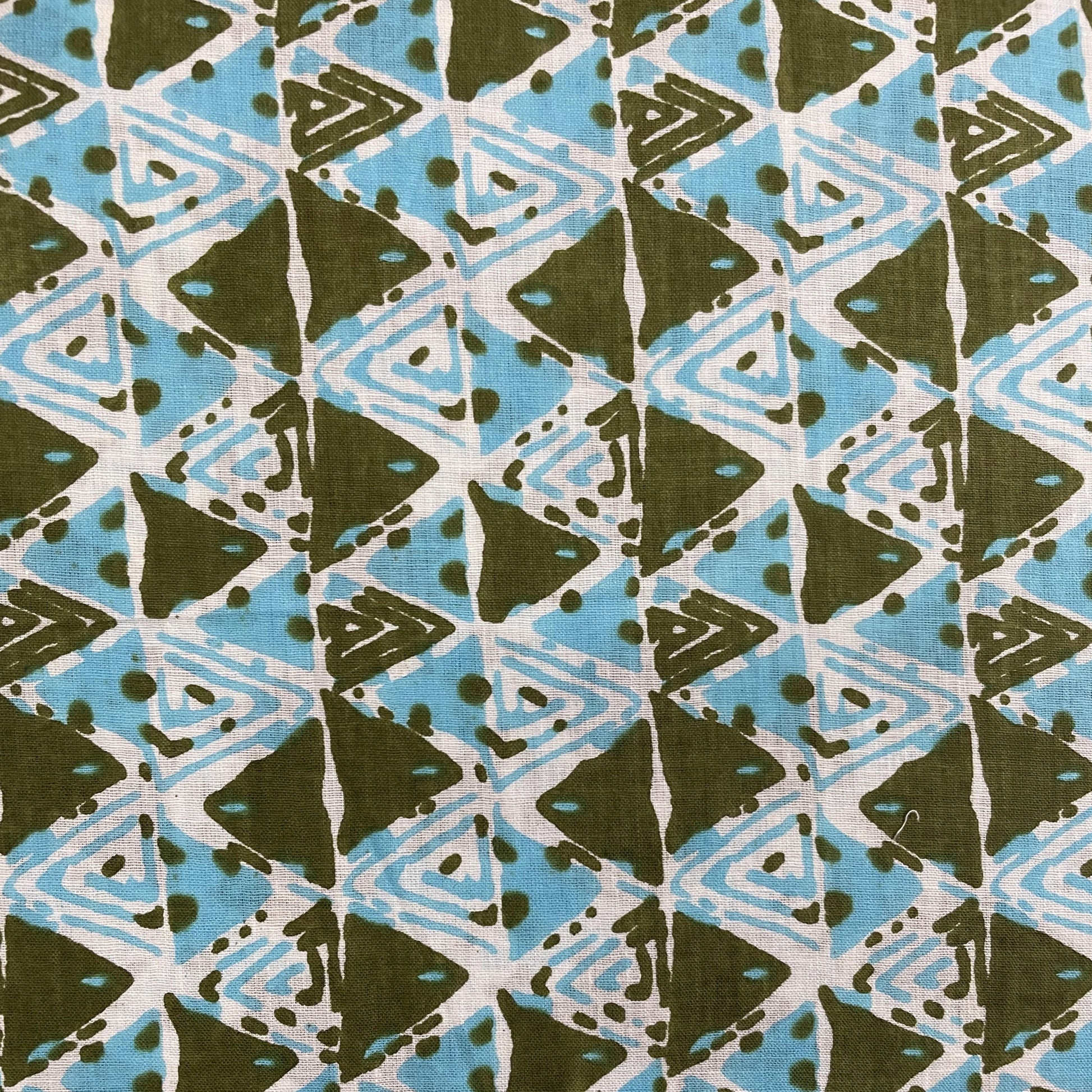 White With Green & Blue Handblock Print Cotton Fabric - TradeUNO