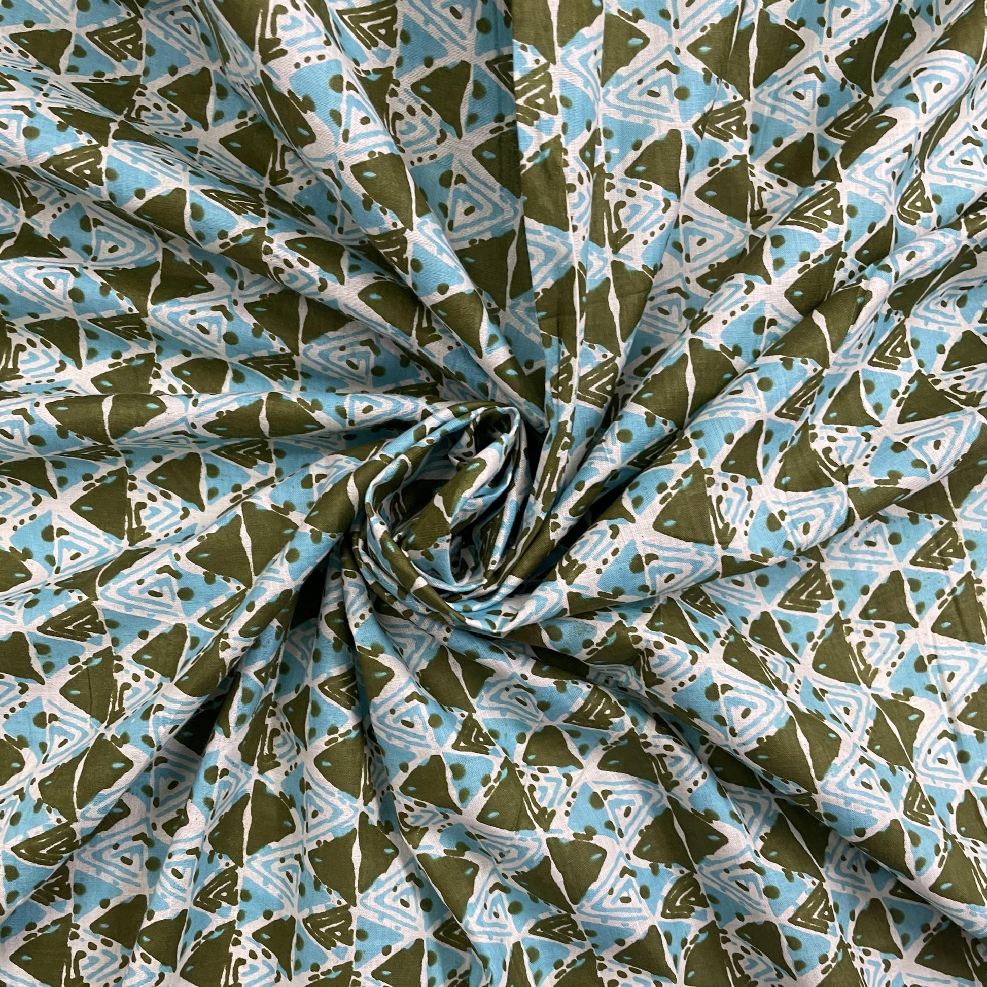 White With Green & Blue Handblock Print Cotton Fabric - TradeUNO