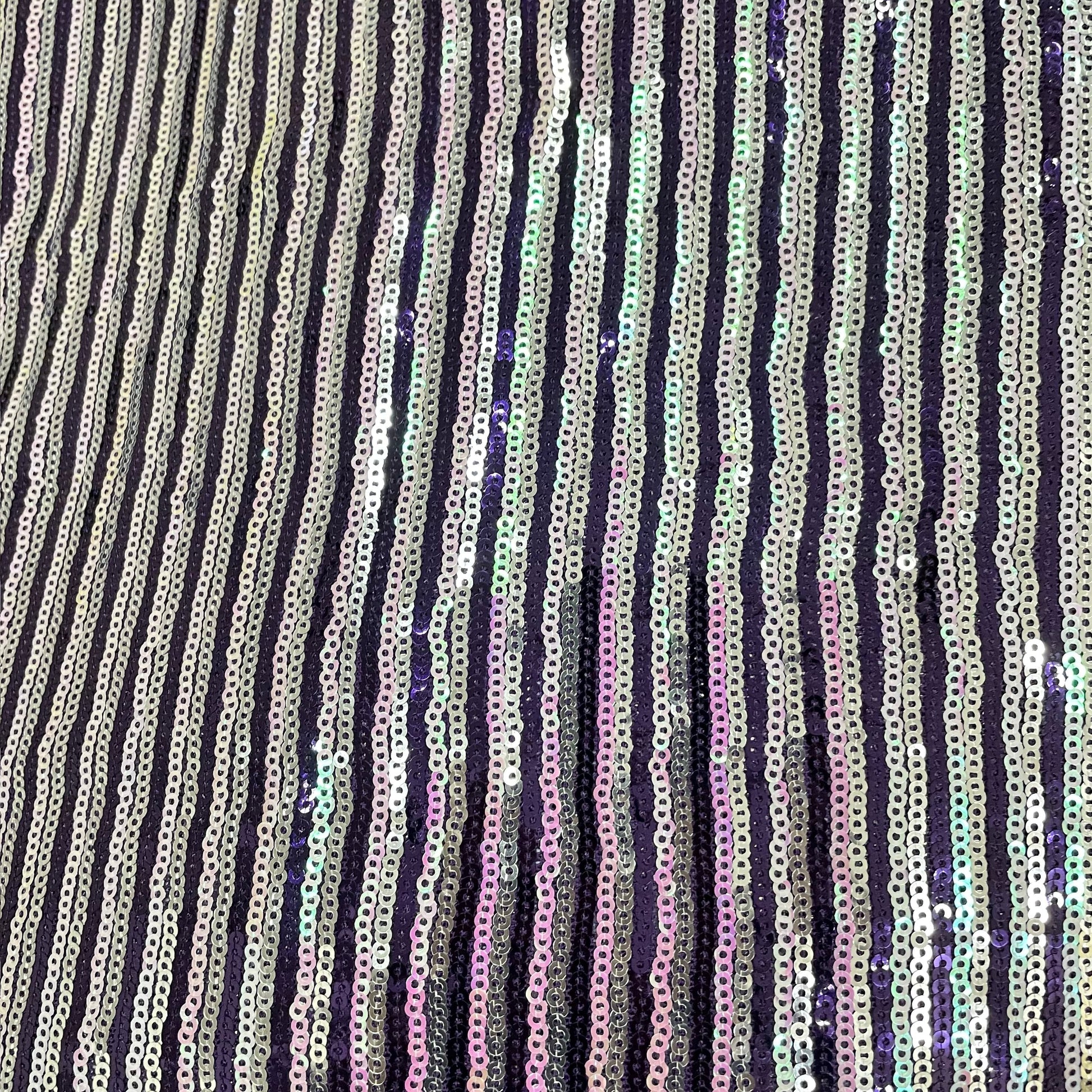 Purple With Silver Stripe Sequence Embroidery Net Fabric - TradeUNO