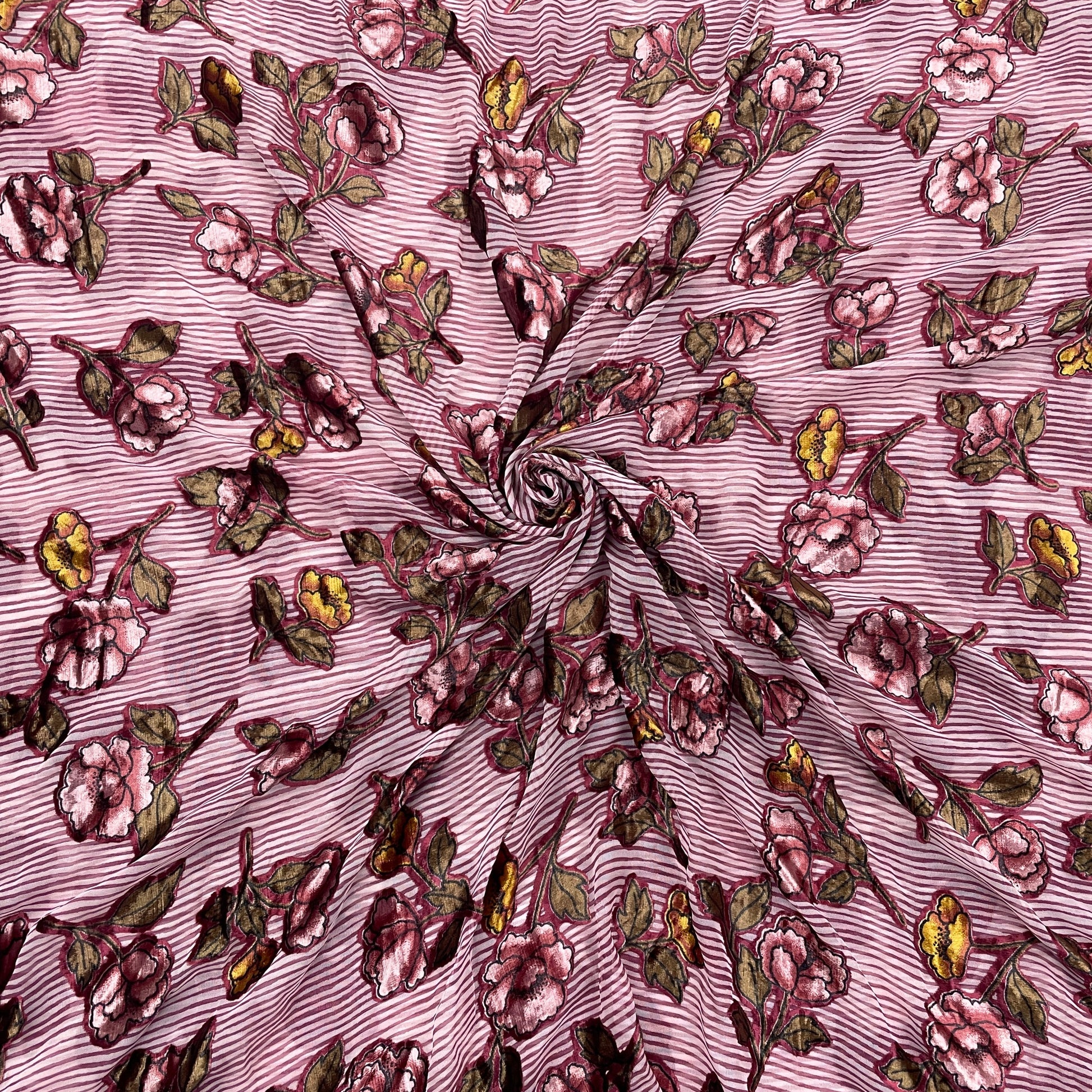 Pink & Brown Floral Print Brasso Velvet Fabric - TradeUNO