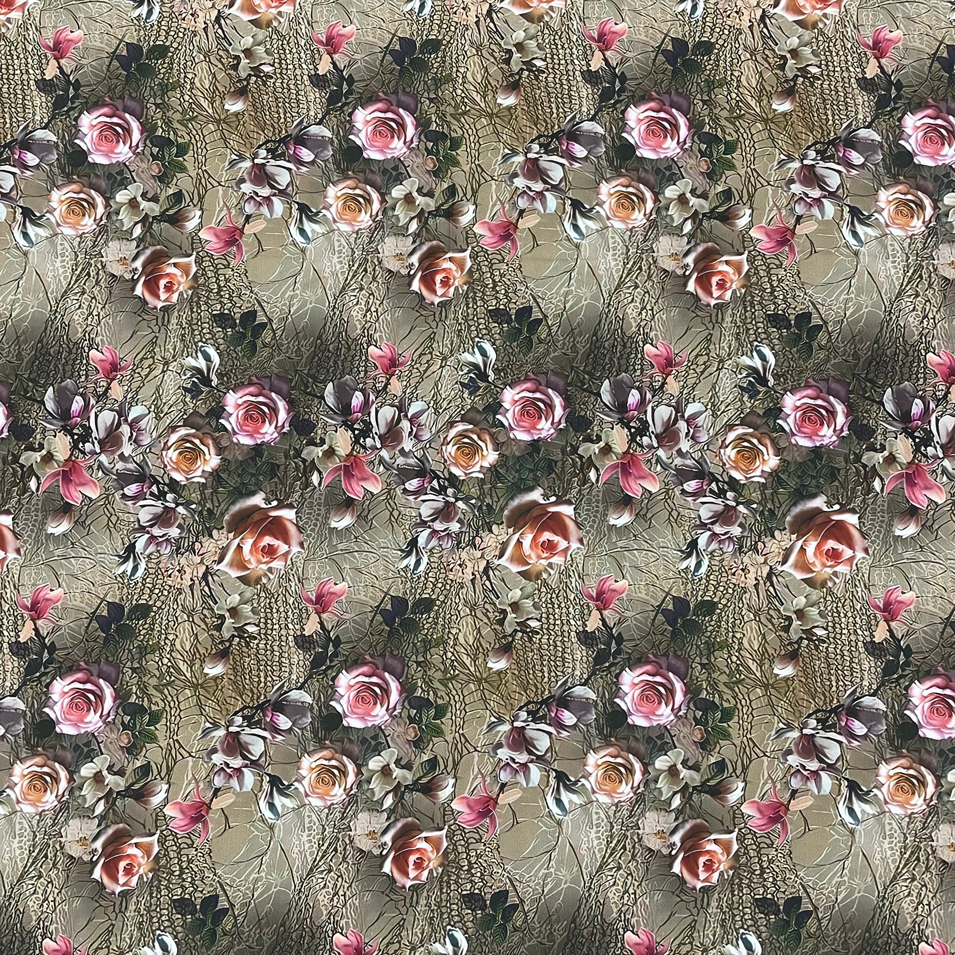 Brown & Red Floral Print Viscose Satin Fabric - TradeUNO