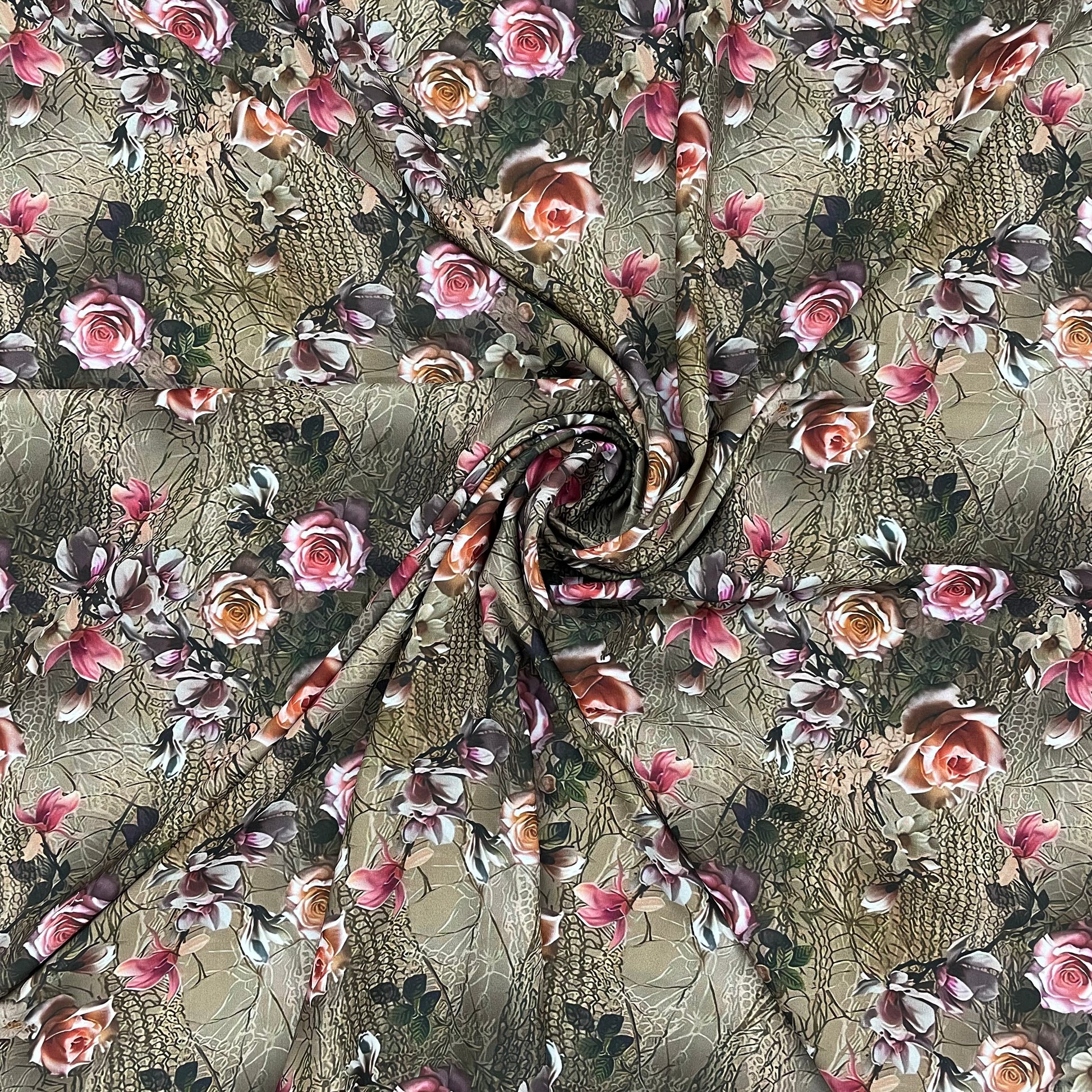 Brown & Red Floral Print Viscose Satin Fabric - TradeUNO