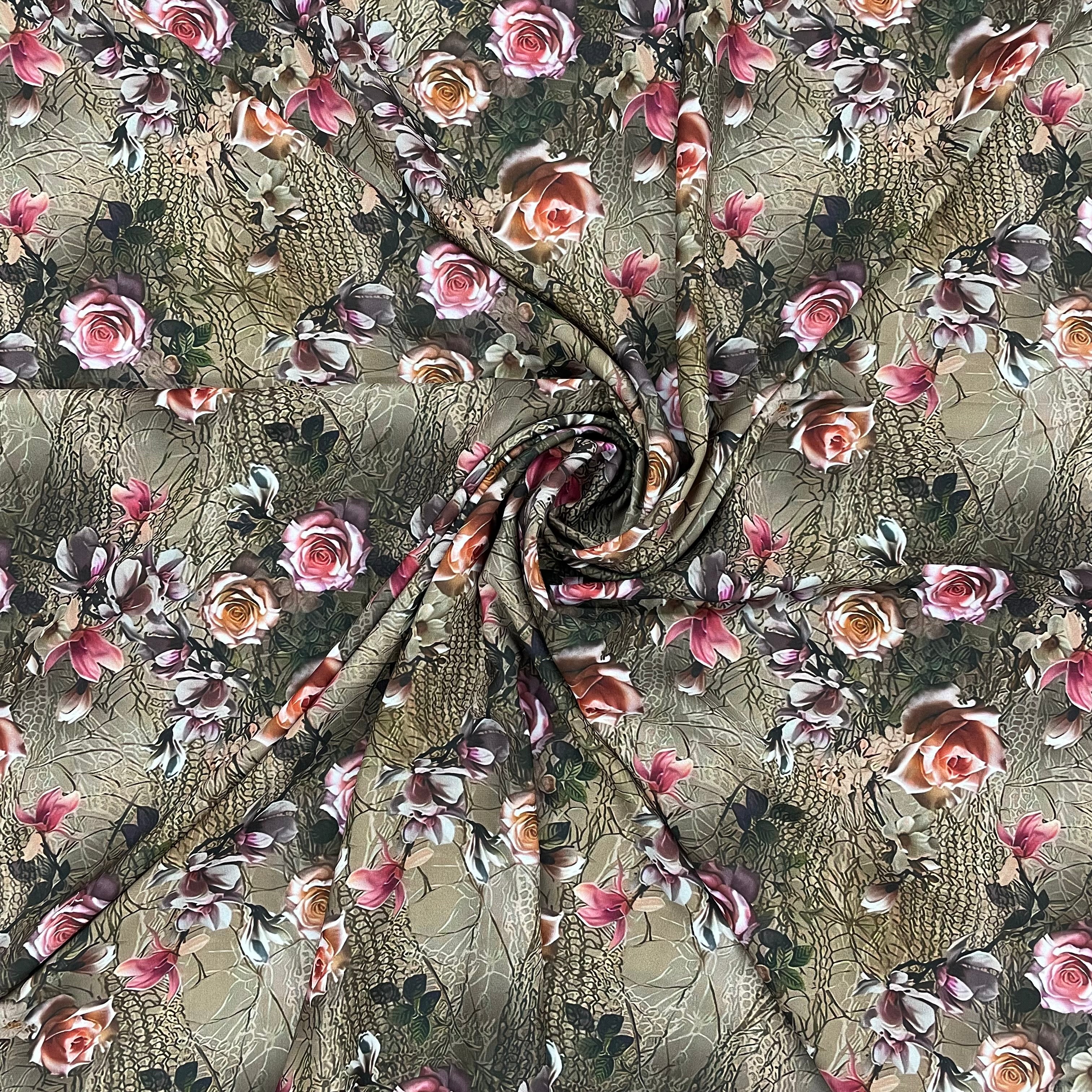 Brown & Red Floral Print Viscose Satin Fabric - TradeUNO