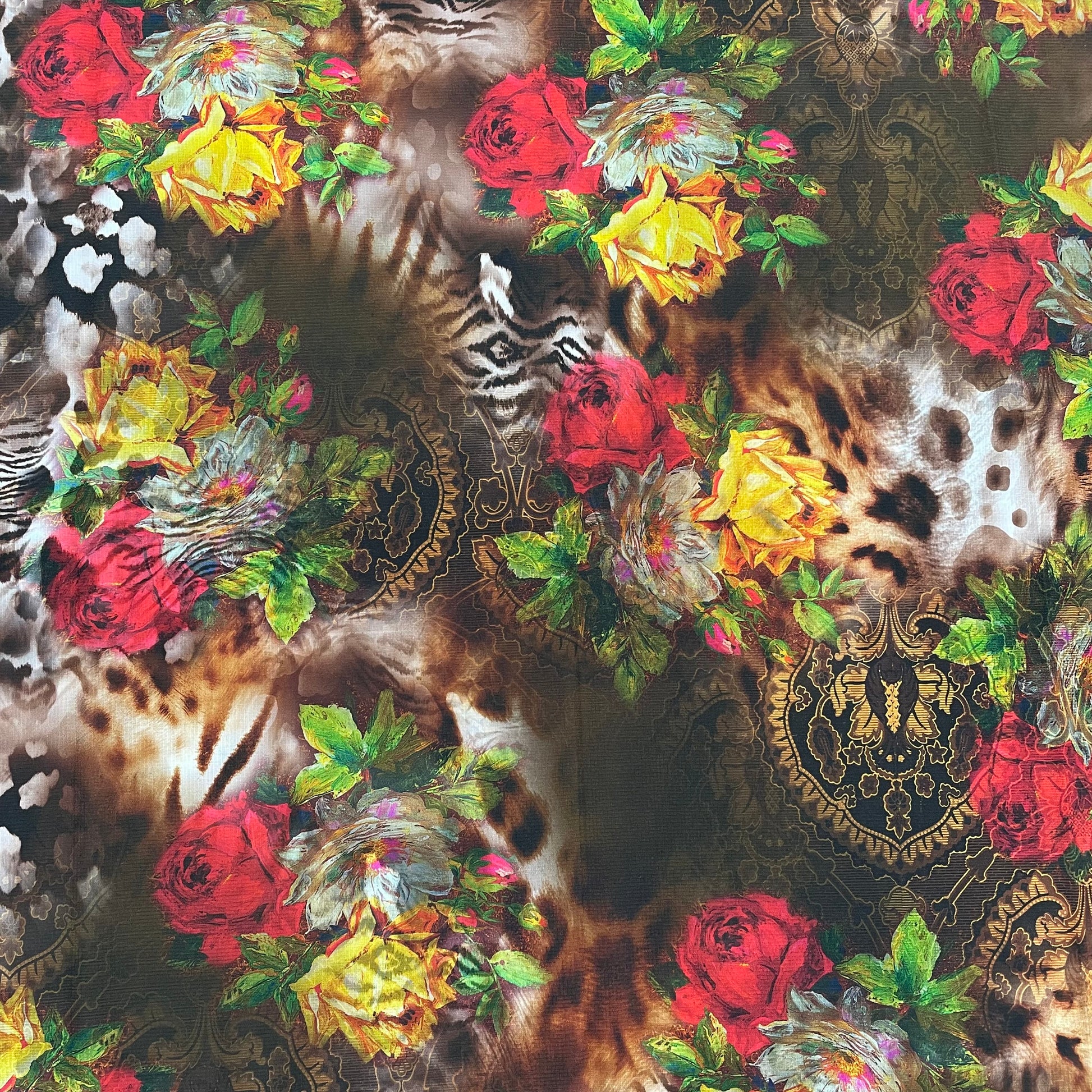 Brown & Multicolor Floral Print Viscose Satin Fabric - TradeUNO