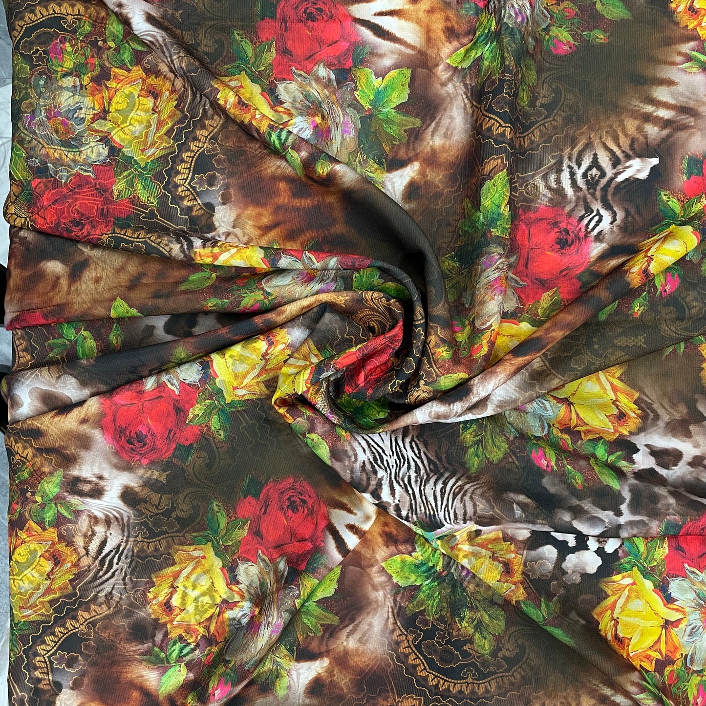 Brown & Multicolor Floral Print Viscose Satin Fabric - TradeUNO
