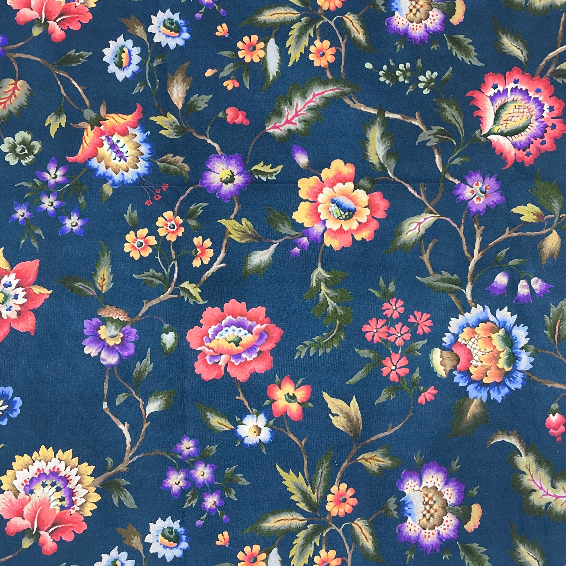 Blue & Multicolor Floral Print Viscose Dobby Fabric - TradeUNO
