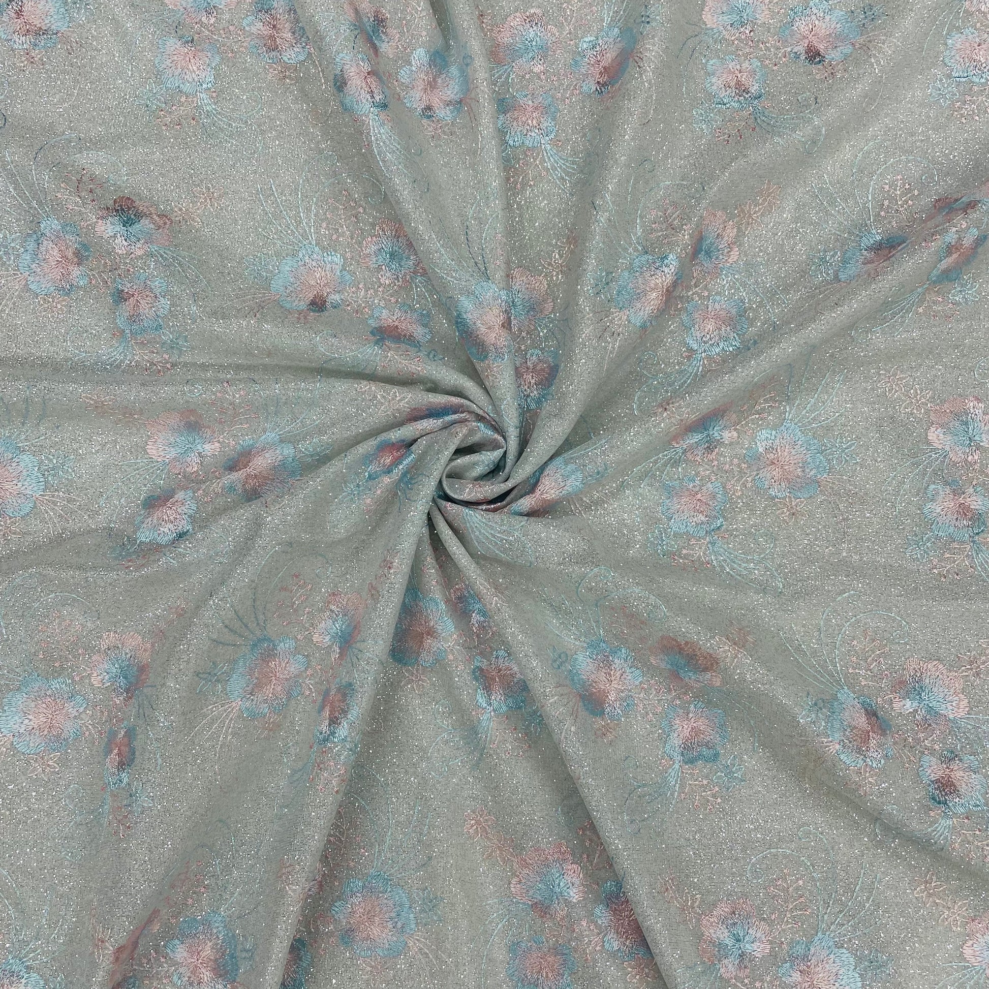 Grey Pink And Blue Floral Print Shimmer Knitted Embroidery Fabric - TradeUNO