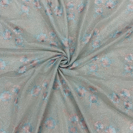 Grey,pink and Blue Floral Print Embroidery Shimmer Knitted Fabric