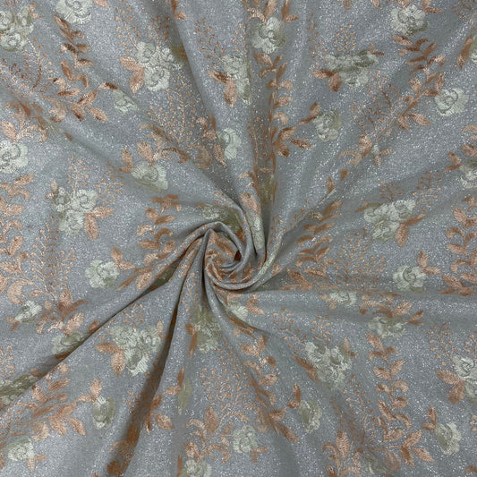 Grey & Peach Floral Print Embroidery Shimmer Knitted Fabric