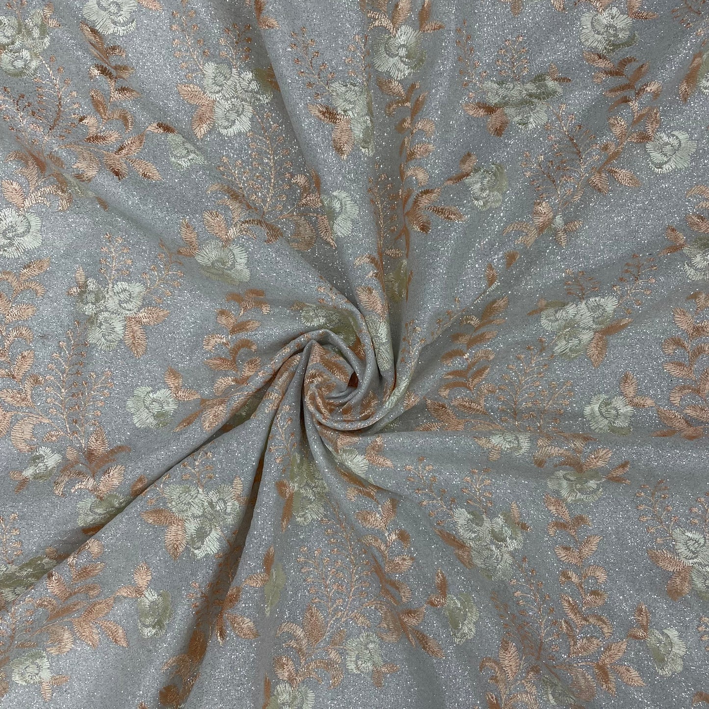 Grey Peach Floral Print Shimmer Knitted Embroidery Fabric - TradeUNO