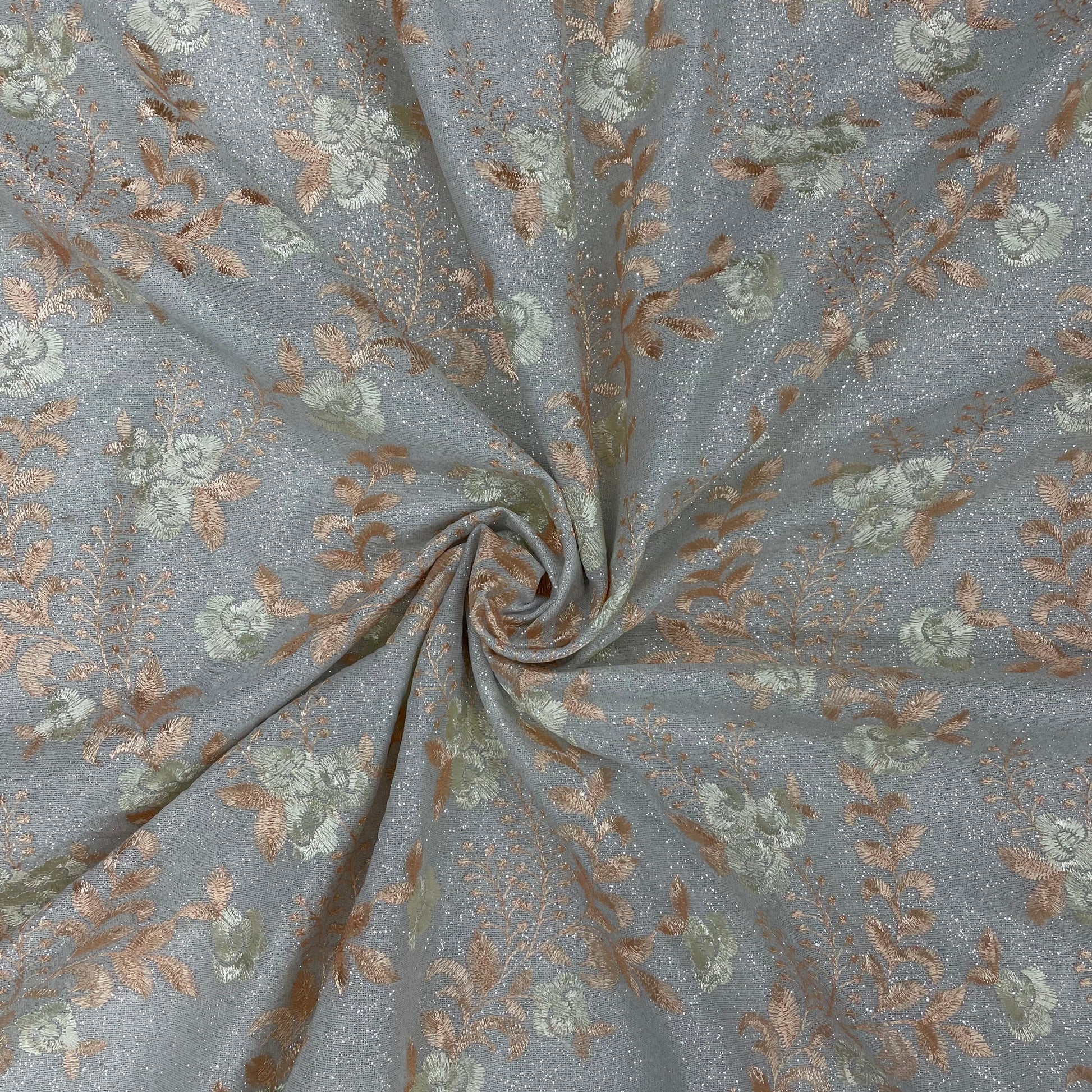 Grey Peach Floral Print Shimmer Knitted Embroidery Fabric - TradeUNO