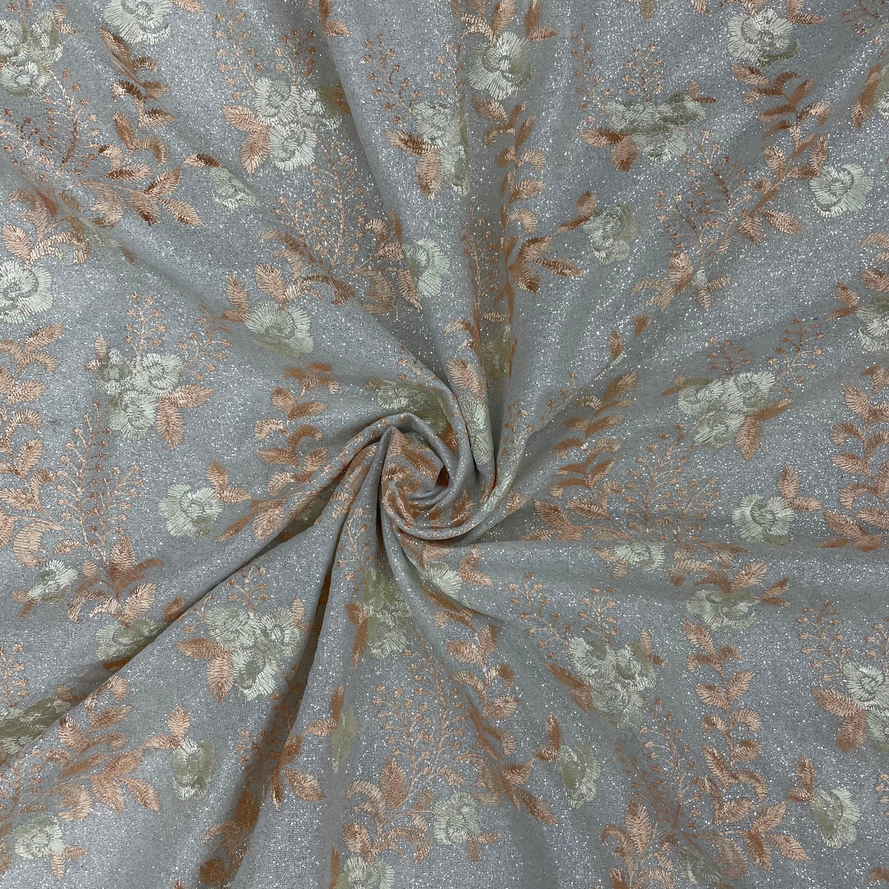 Grey Peach Floral Print Shimmer Knitted Embroidery Fabric - TradeUNO