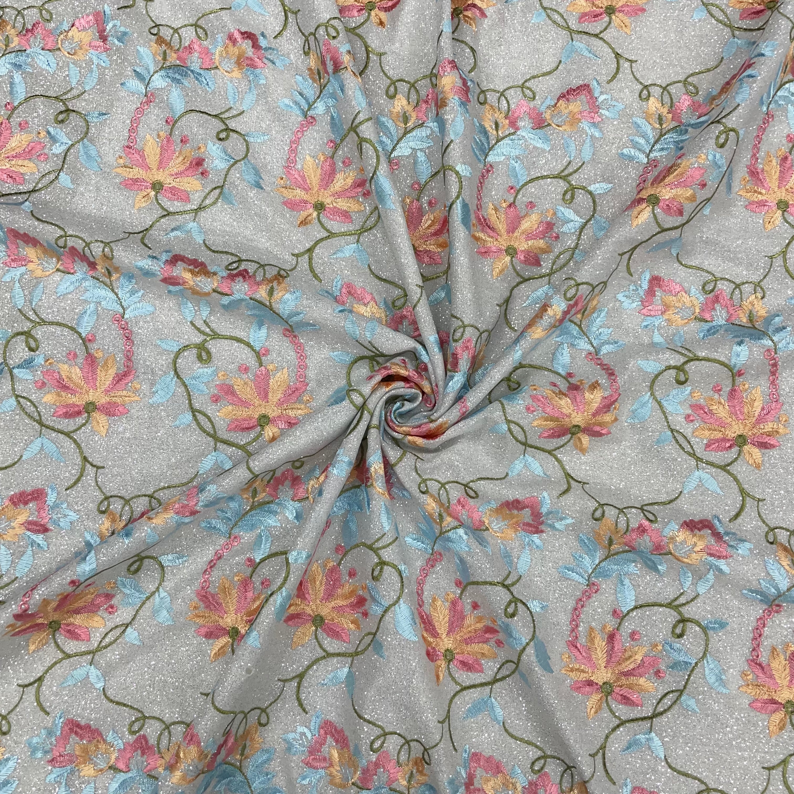 Multicolor Floral Shimmer Knitted Embroidery Fabric - TradeUNO