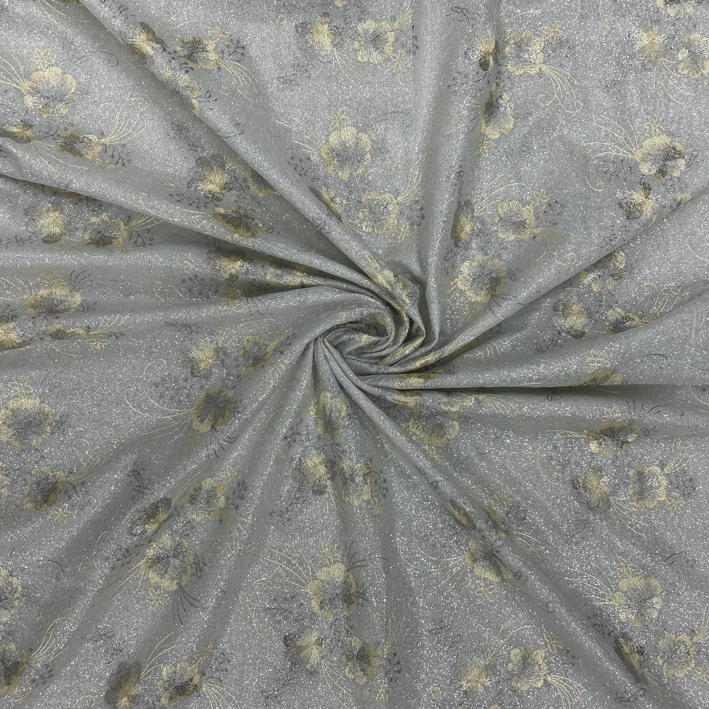 Grey Yellow Floral Print Shimmer Knitted Embroidery Fabric - TradeUNO
