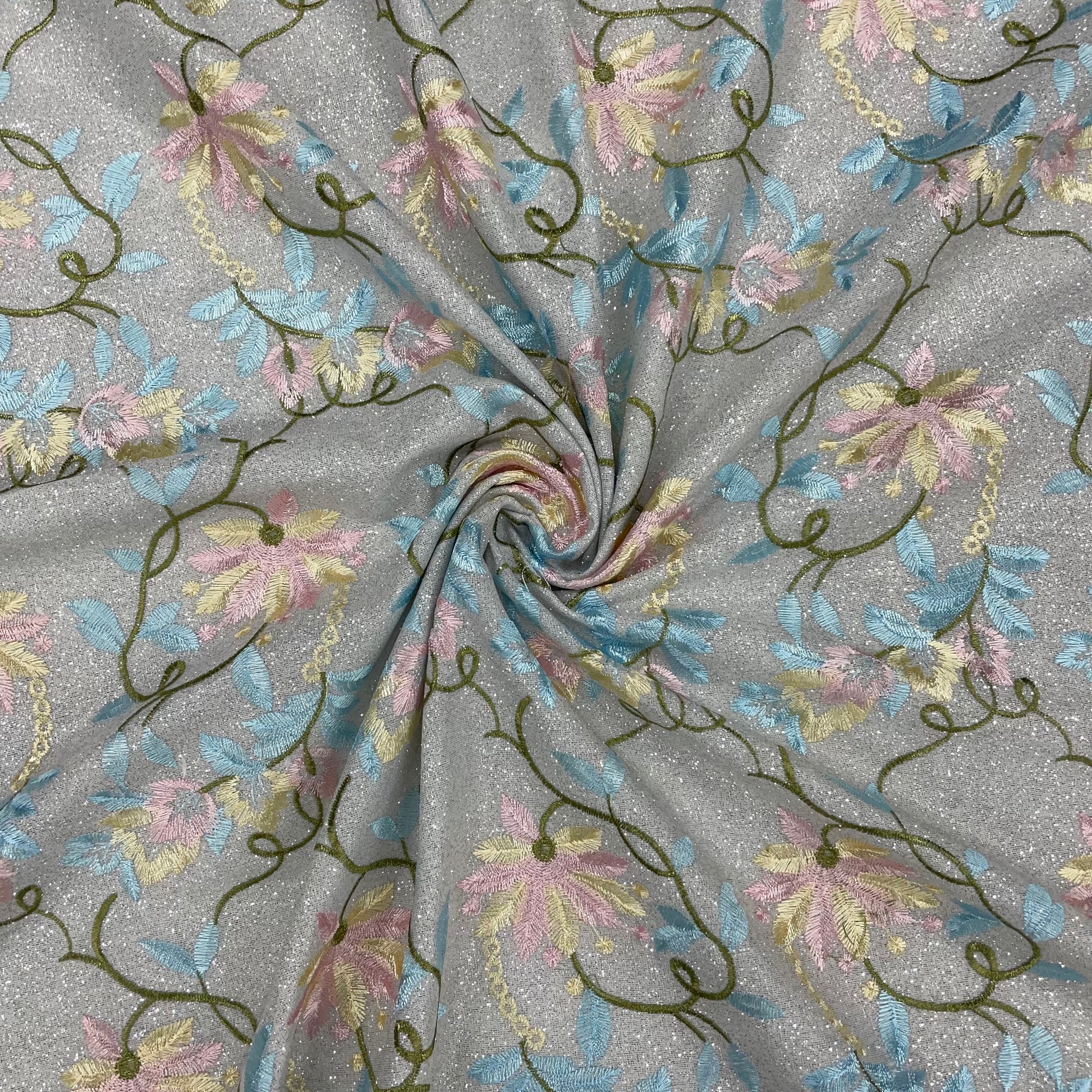 Grey With Multicolor Shimmer Knitted Embroidery Fabric - TradeUNO