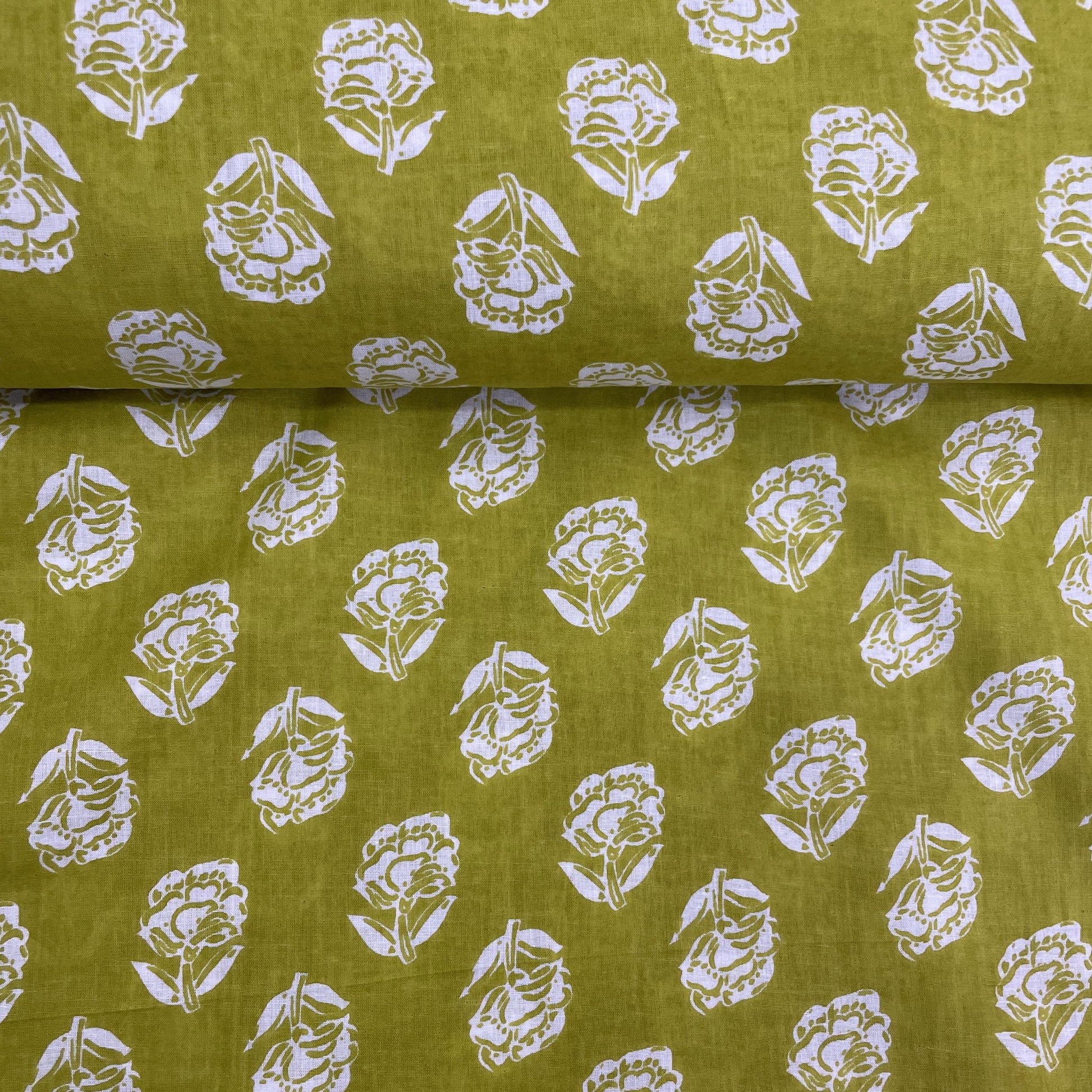 Lime Green Floral Print Cotton Fabric - TradeUNO