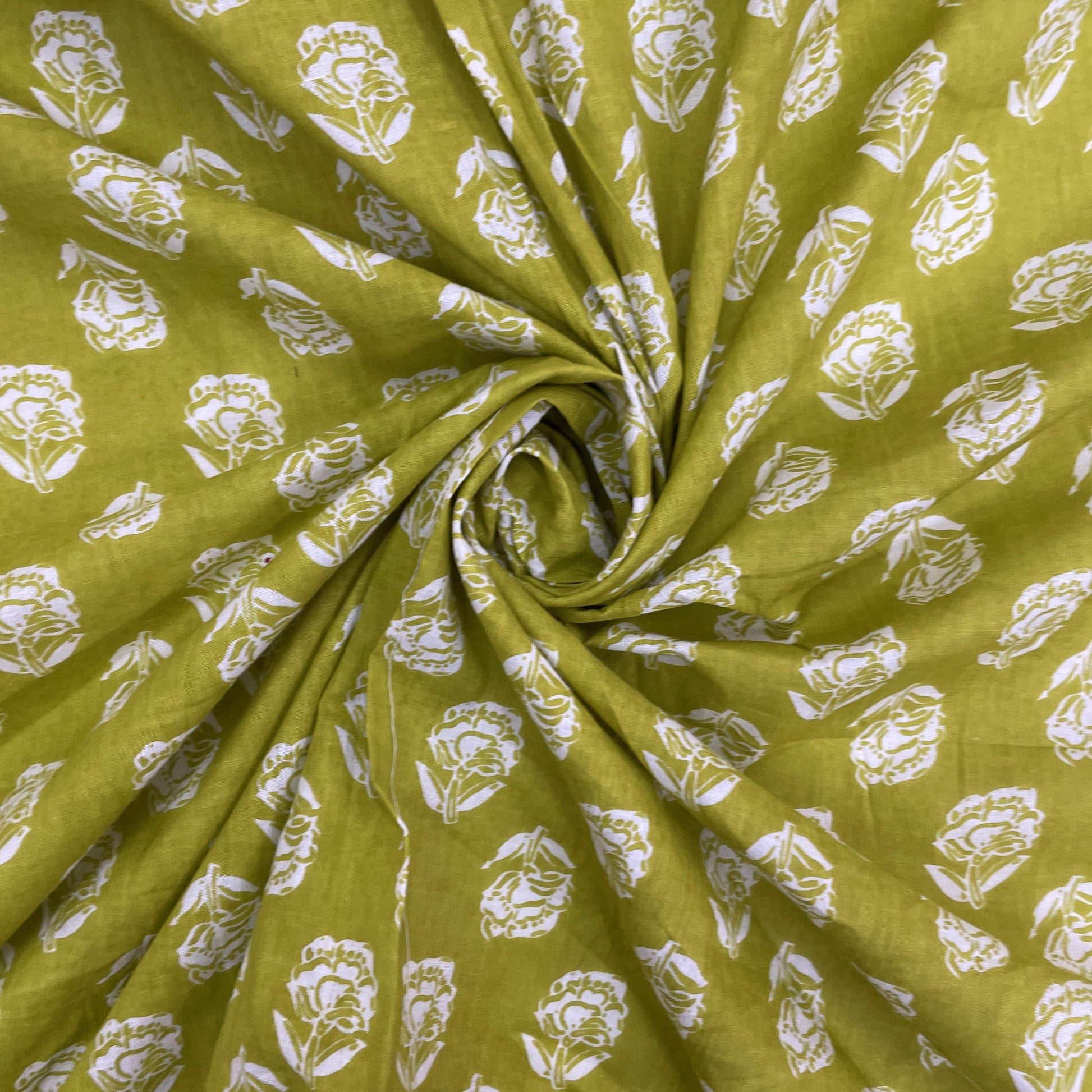 Lime Green Floral Print Cotton Fabric - TradeUNO