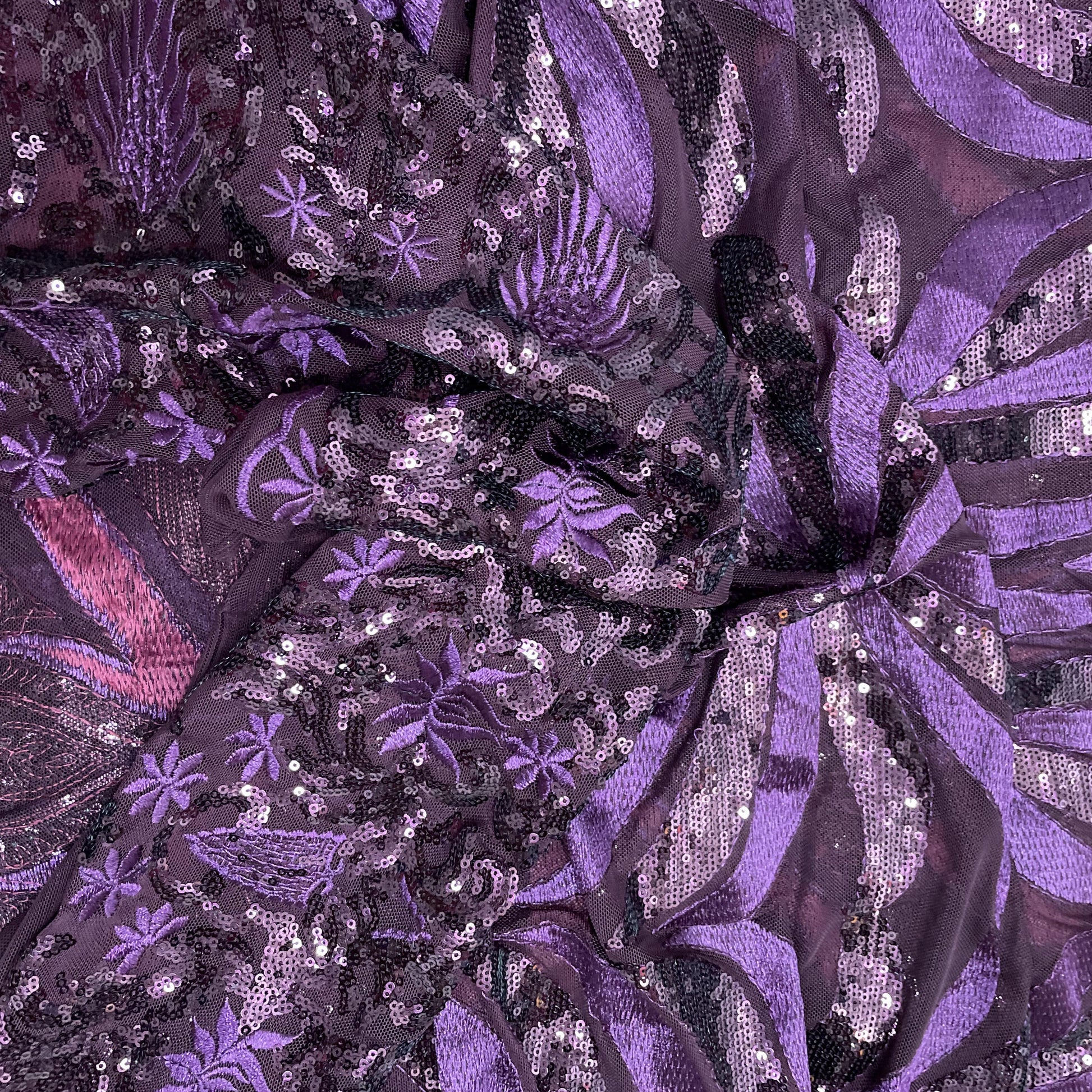 Wine With Purple Floral Sequence Embroidery Net Imported Fabric - TradeUNO