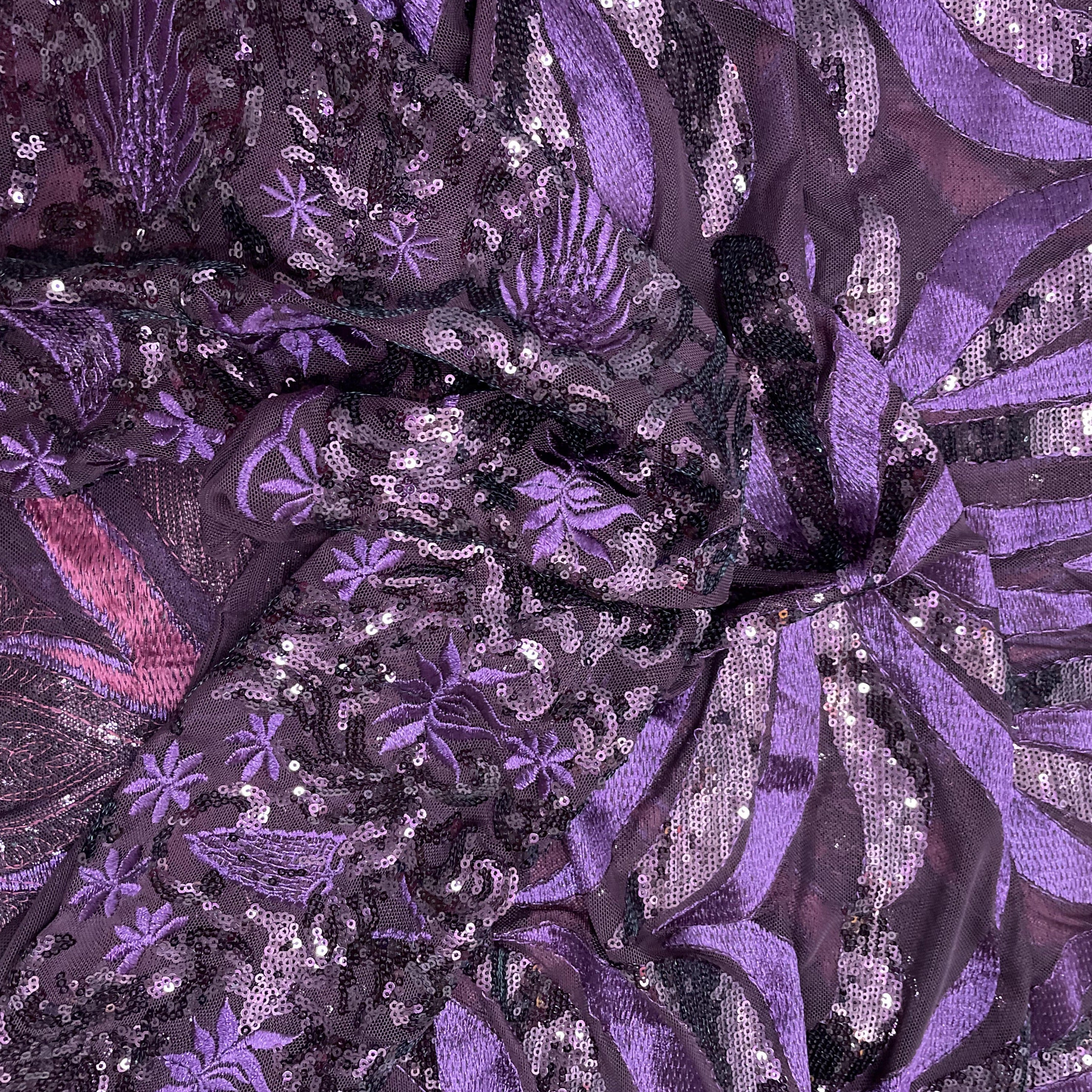 Wine With Purple Floral Sequence Embroidery Net Imported Fabric - TradeUNO