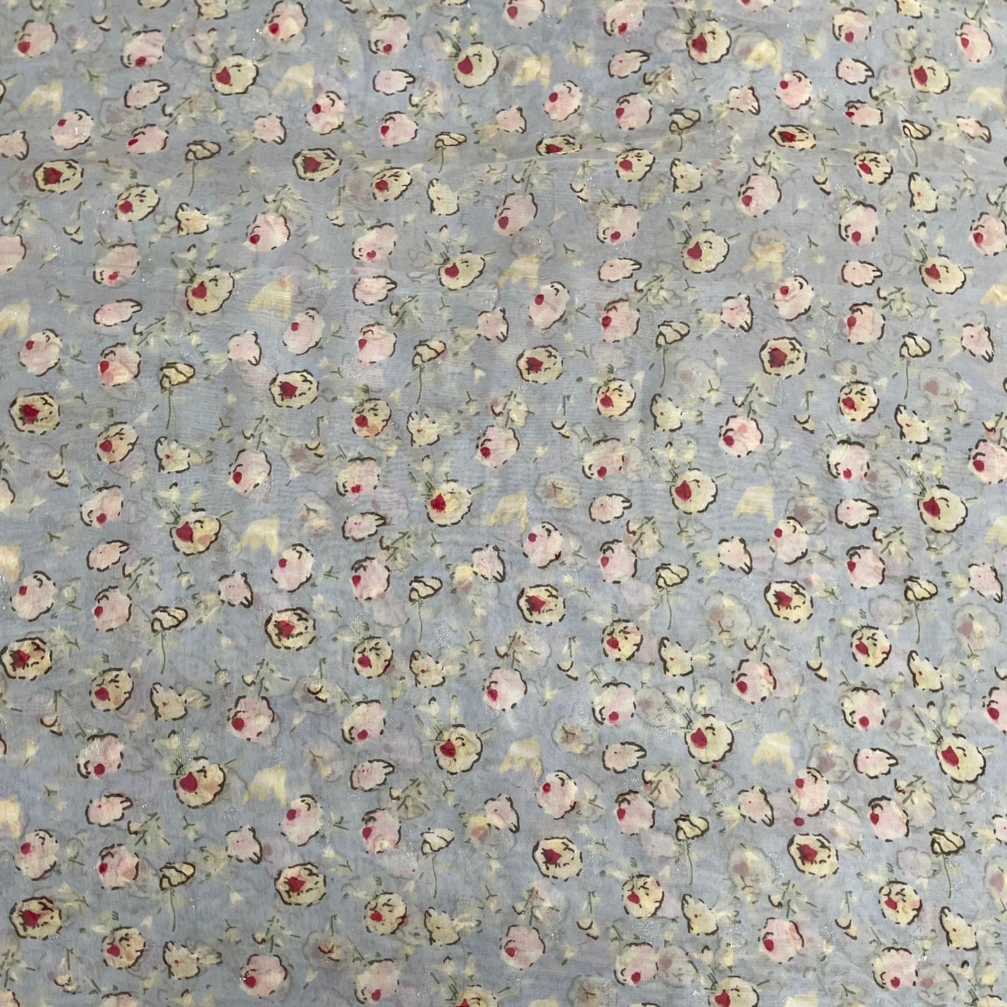 Sky Blue With Pink Floral Georgette Fabric Plain Weave 56 Inches