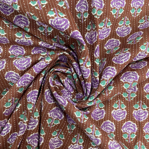 Brown & Purple Handblock Kantha Cotton Fabric - TradeUNO