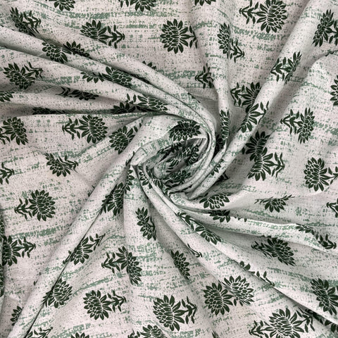 White With Green Floral Print Cotton Fabric - TradeUNO