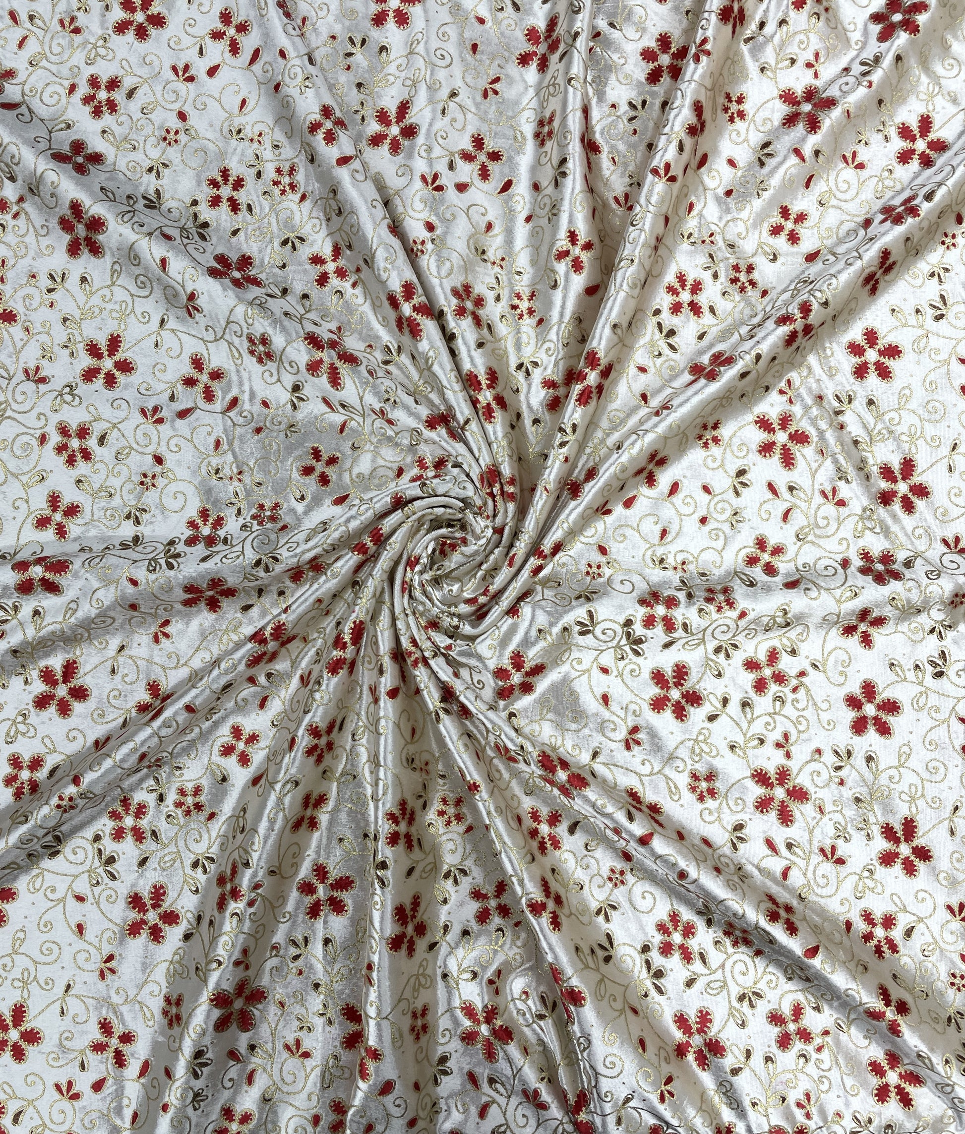 White Red Floral Print Brasso Velvet Fabric - TradeUNO