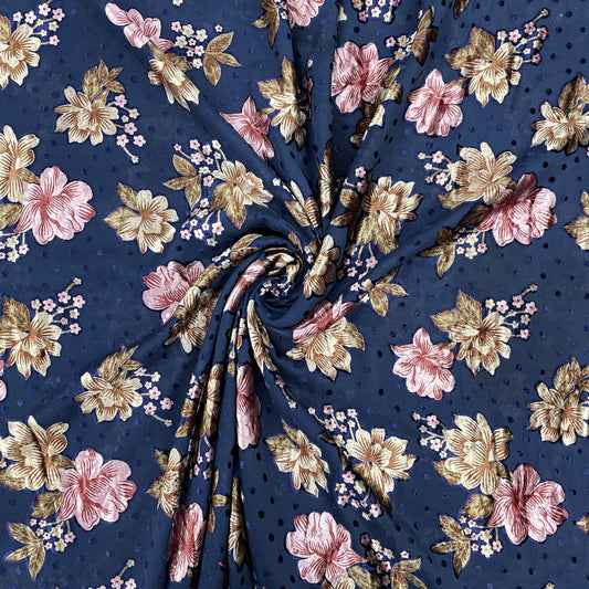 Blue & Multicolor Floral Print Brasso Velvet Fabric