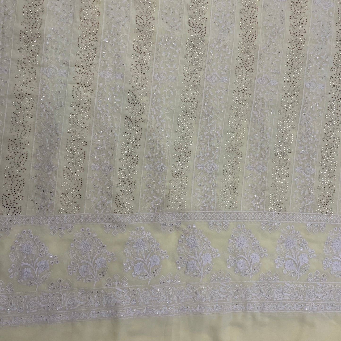 Yellow Floral Mukaish Thread Embrodiery Georgette Fabric - TradeUNO