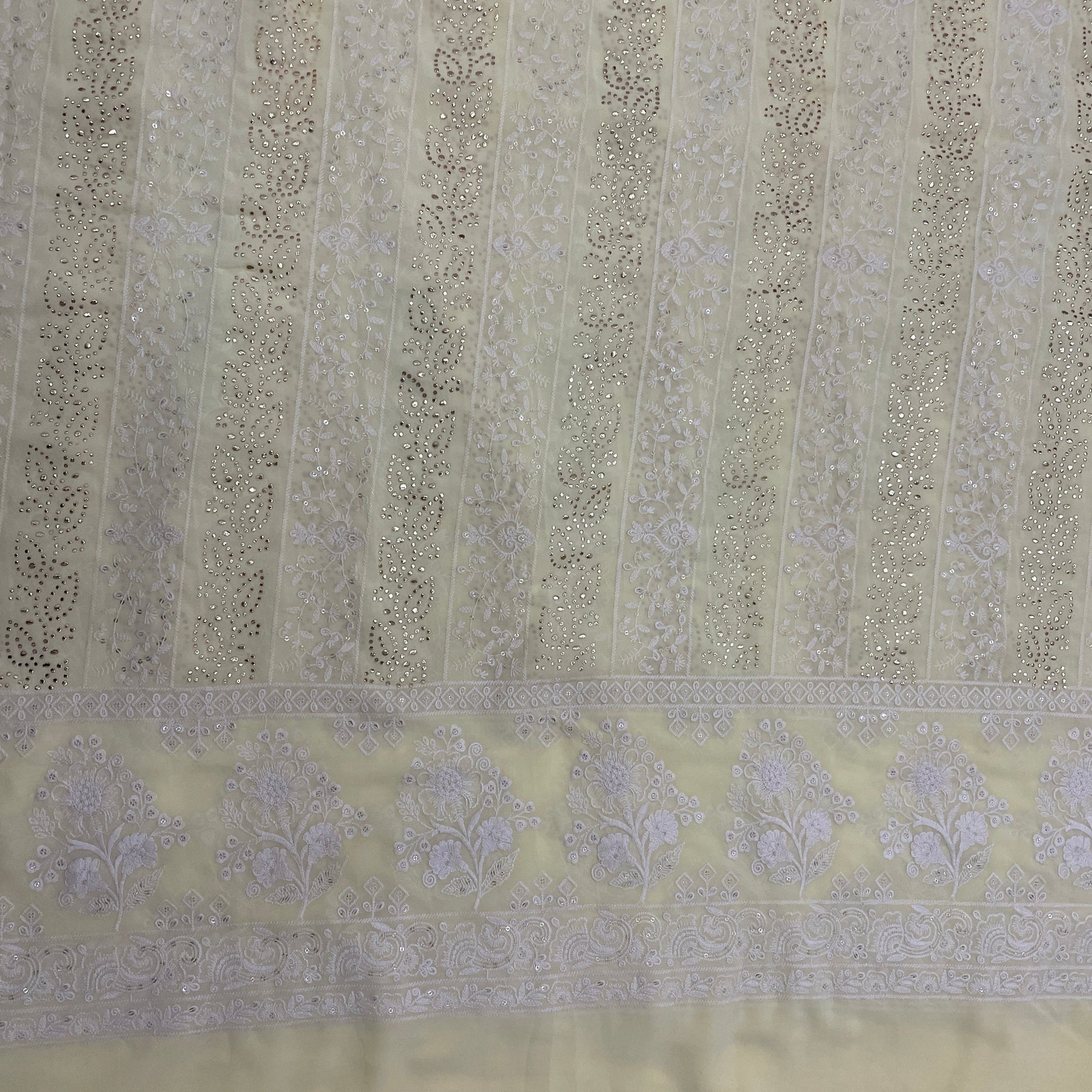 Yellow Floral Mukaish Thread Embrodiery Georgette Fabric - TradeUNO