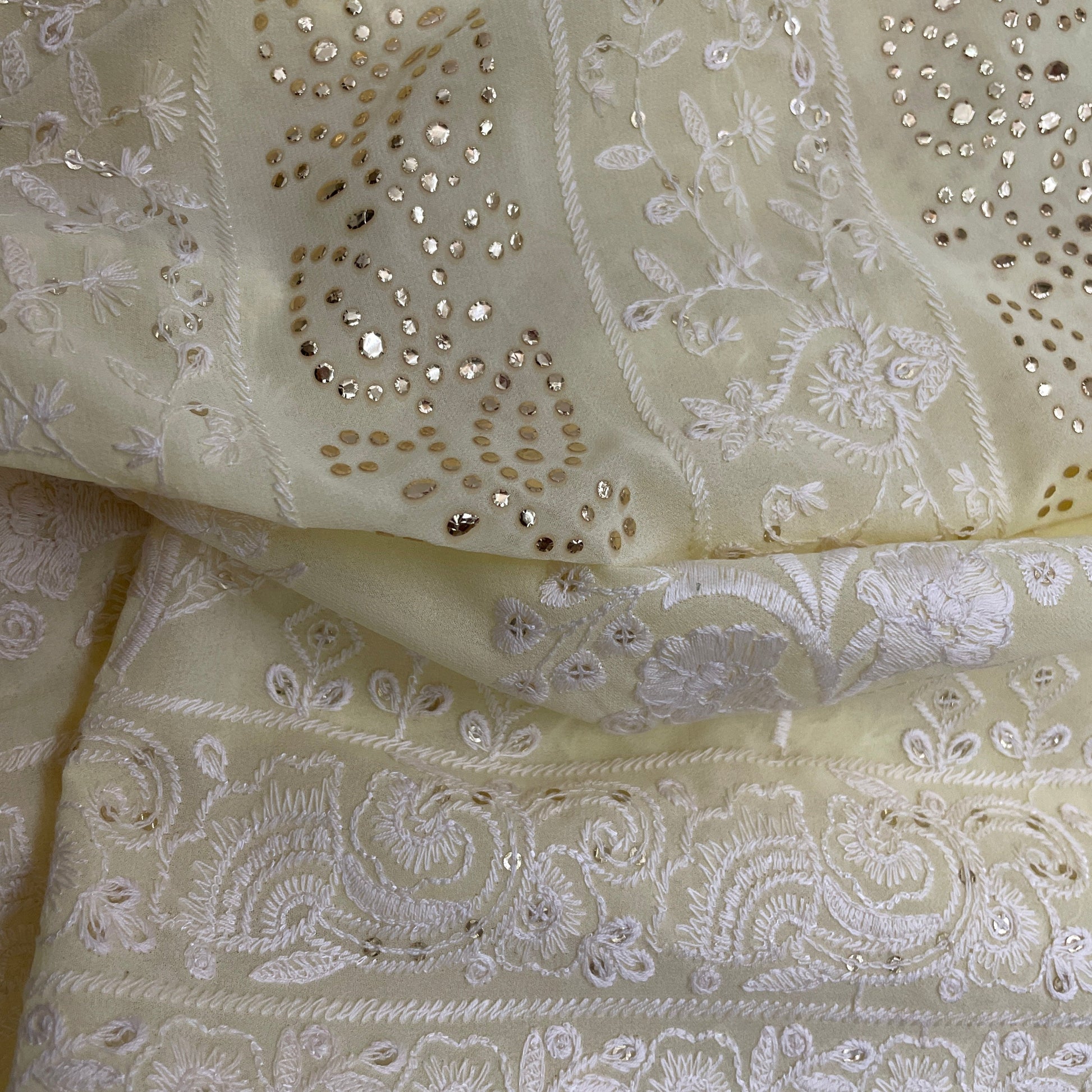 Yellow Floral Mukaish Thread Embrodiery Georgette Fabric - TradeUNO