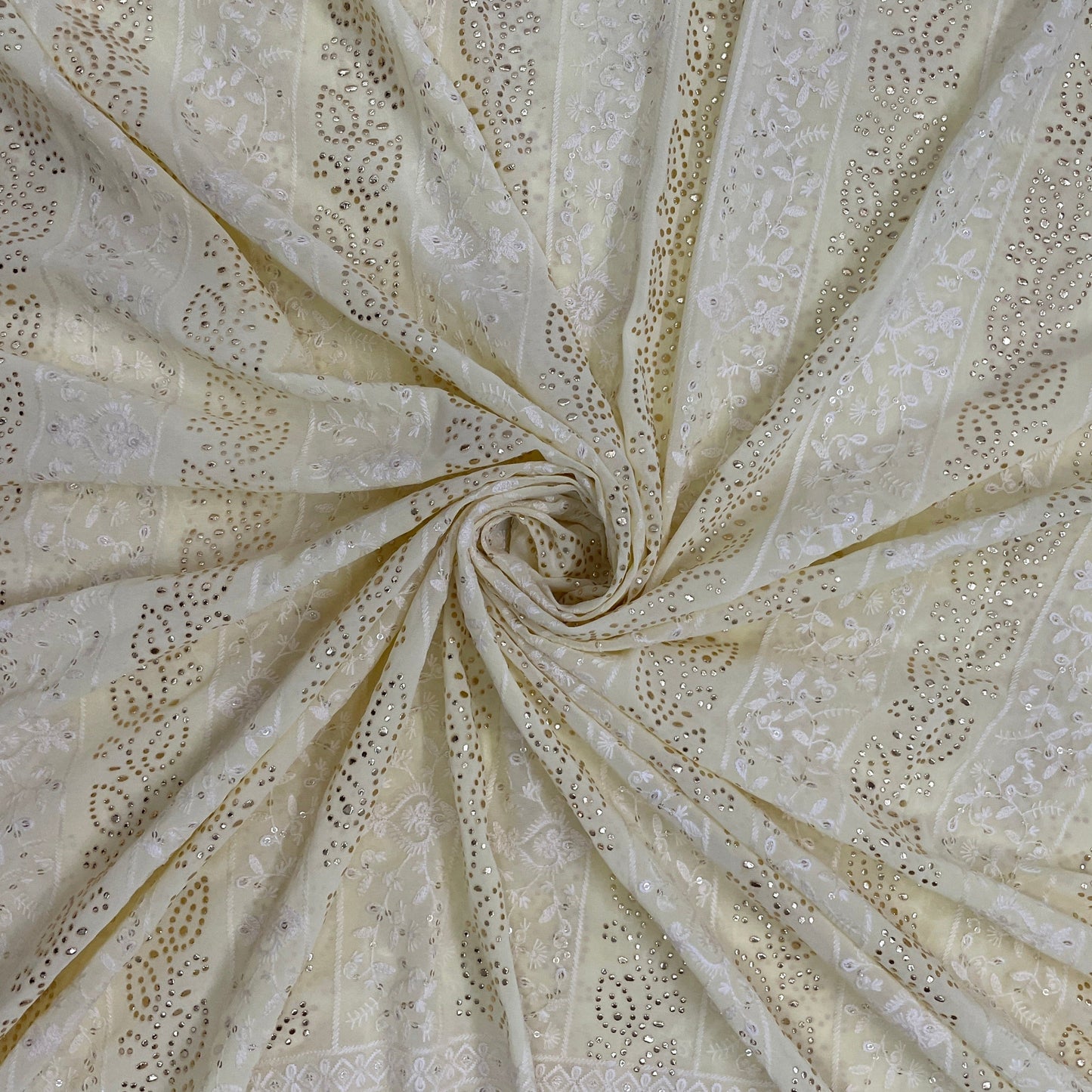 Yellow Floral Mukaish Thread Embrodiery Georgette Fabric - TradeUNO