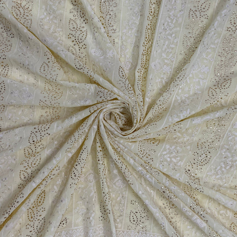 Yellow Floral Mukaish Thread Embrodiery Georgette Fabric - TradeUNO