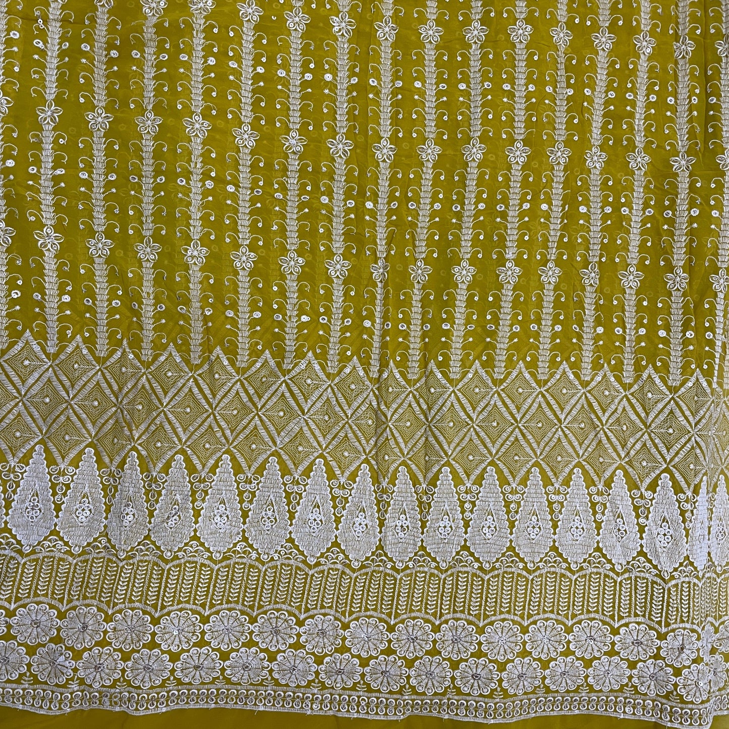 Mustard Zari Sequence Thread Embrodiery Georgette Fabric - TradeUNO