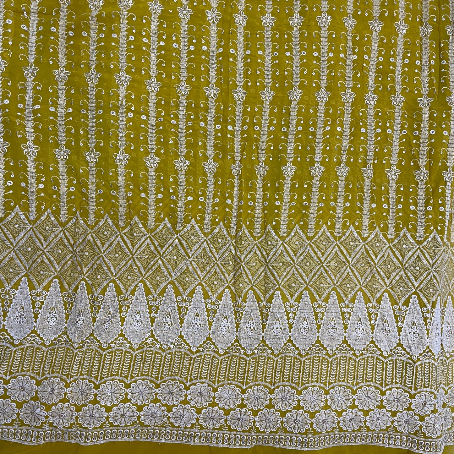 Mustard Zari Sequence Thread Embrodiery Georgette Fabric - TradeUNO