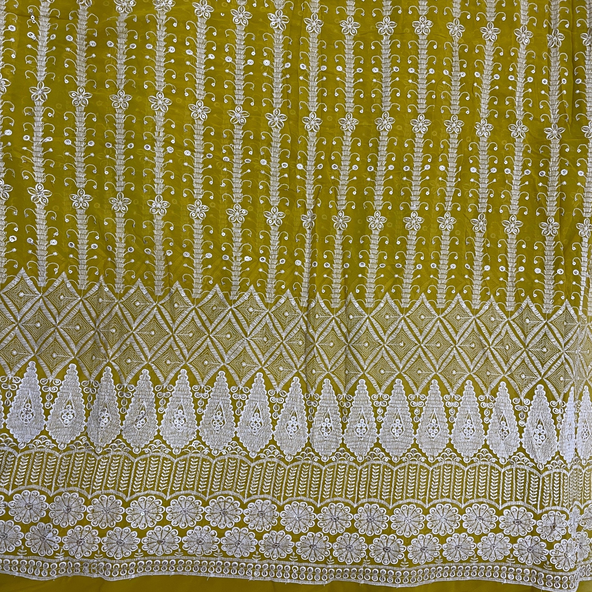 Mustard Zari Sequence Thread Embrodiery Georgette Fabric - TradeUNO