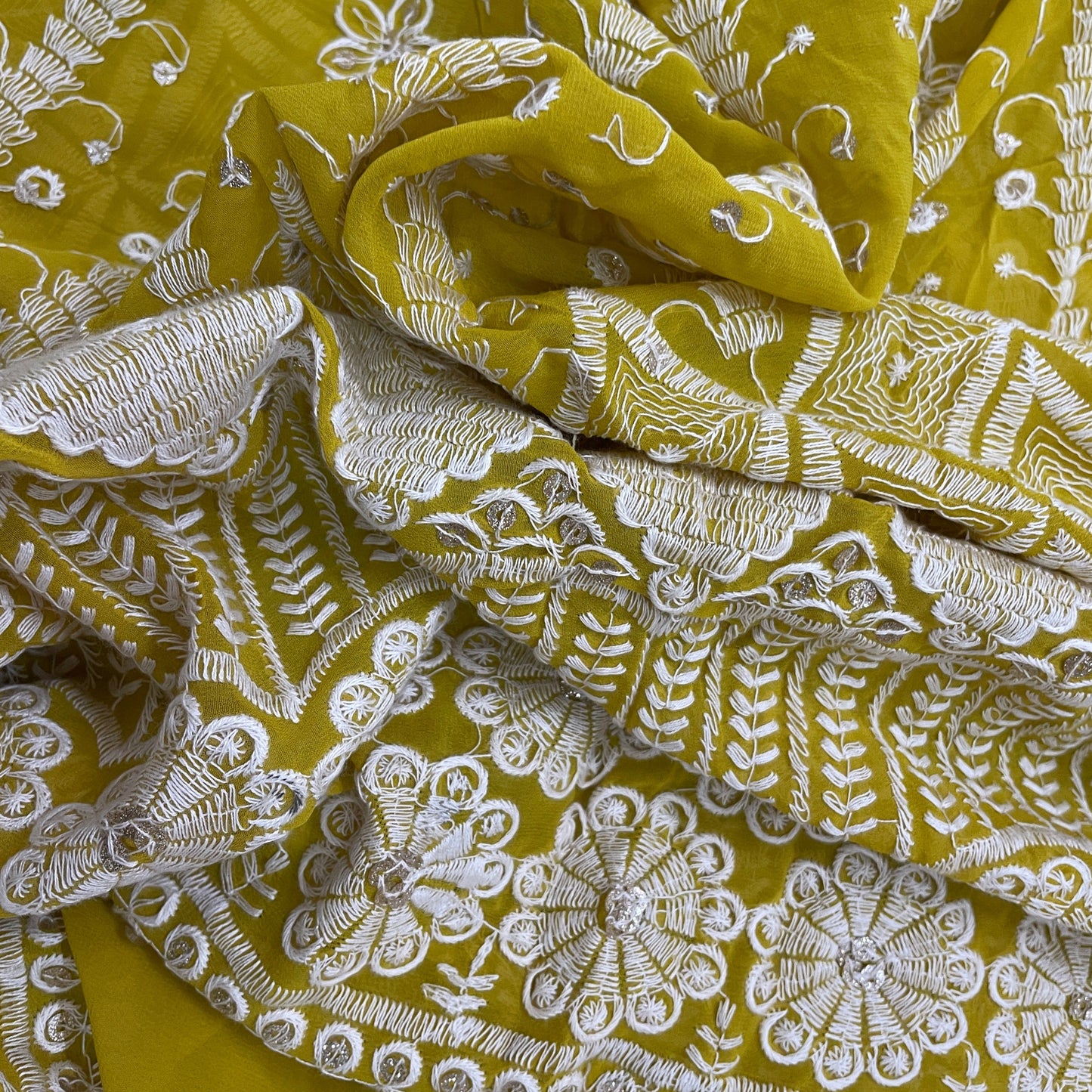 Mustard Zari Sequence Thread Embrodiery Georgette Fabric - TradeUNO