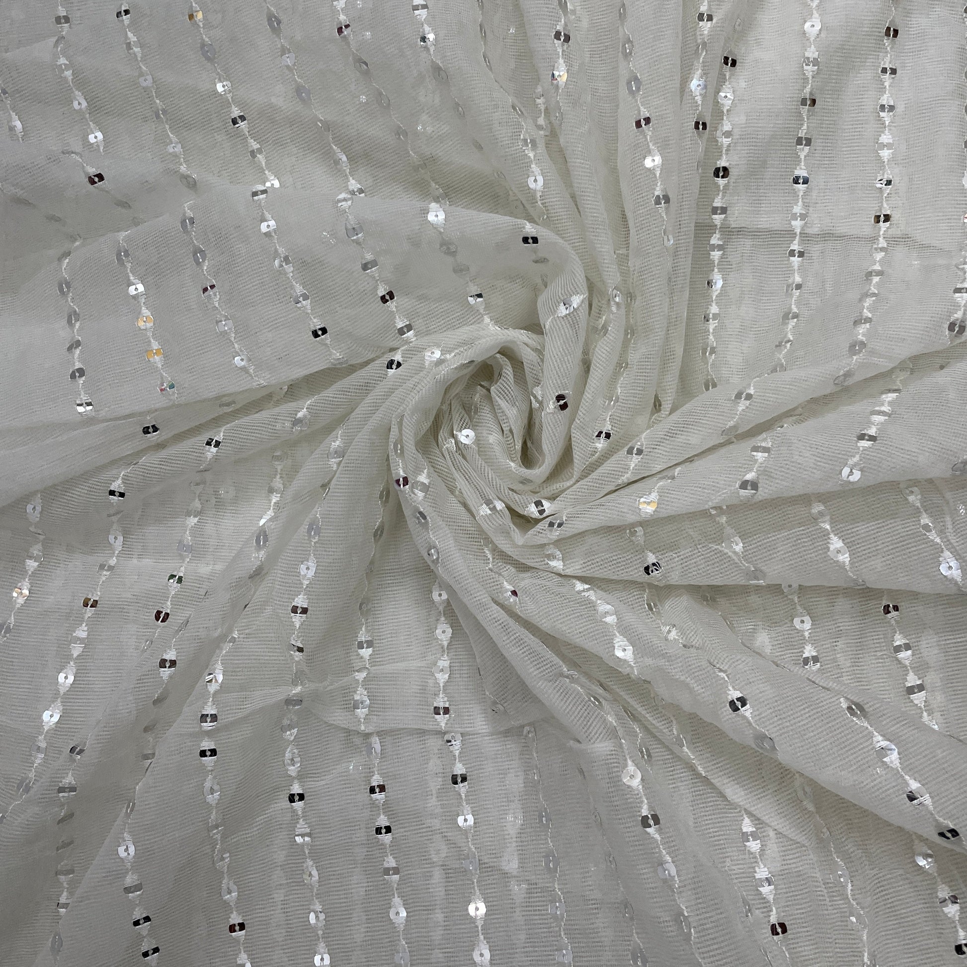 White Mirror & Thread Embroidery Kota Cotton Fabric - TradeUNO
