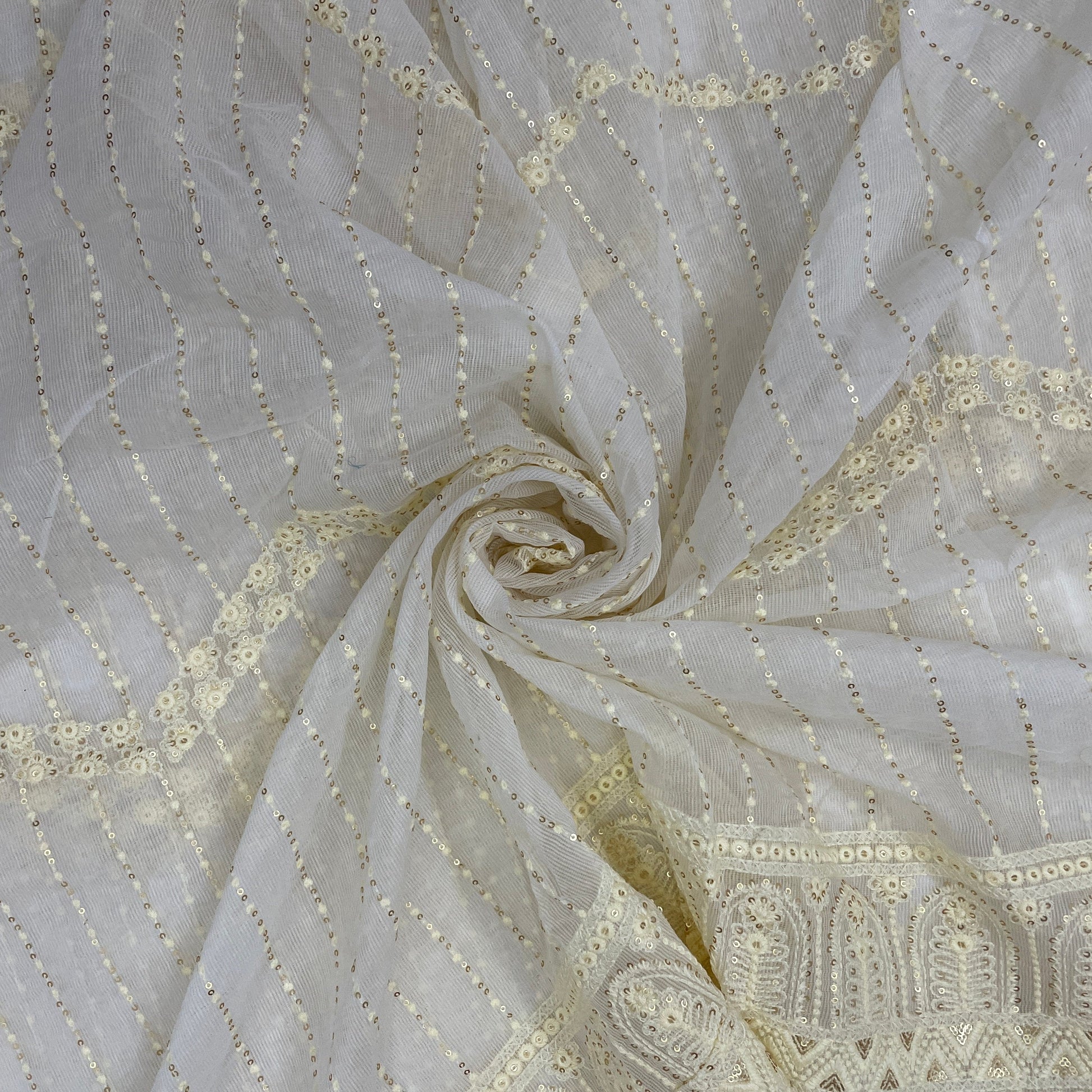 White With Thread Embroidery Kota Cotton Fabric - TradeUNO