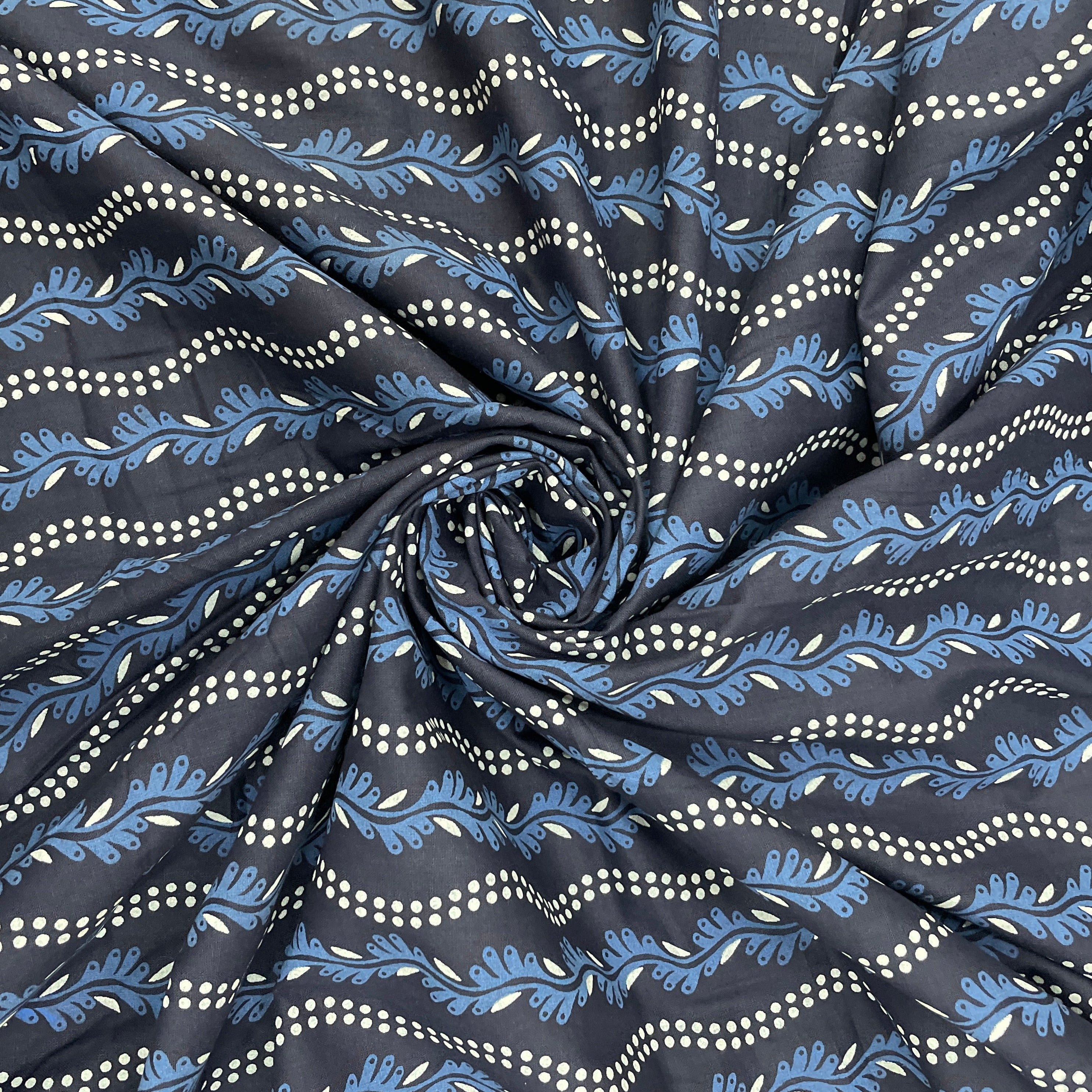 Indigo Blue Floral Print Poplin Cotton Fabric - TradeUNO