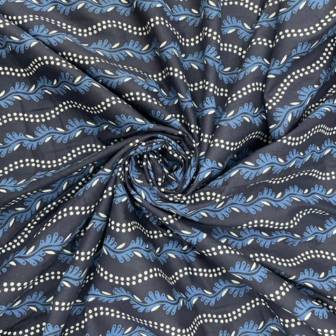 Indigo Blue Floral Print Poplin Cotton Fabric - TradeUNO