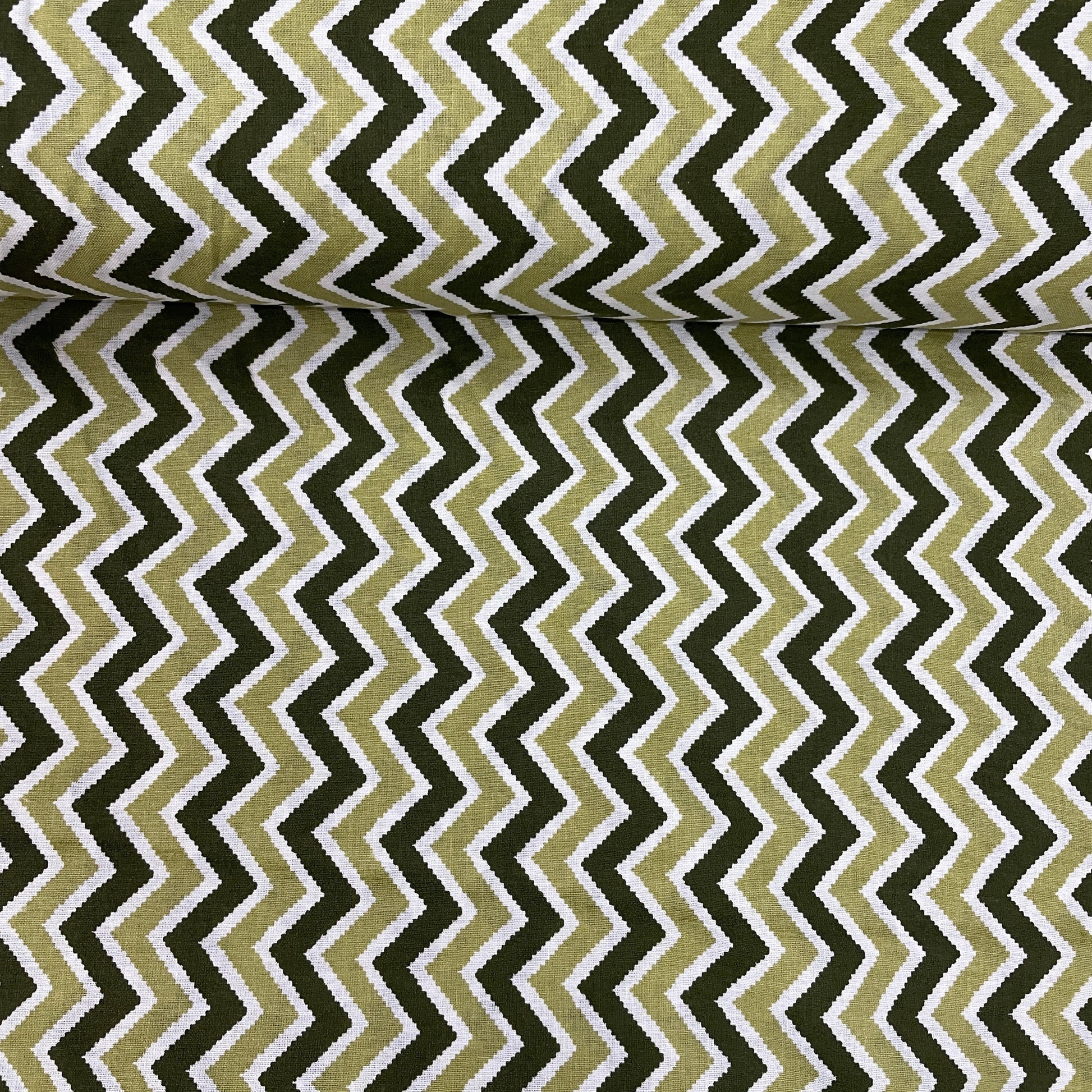 Olive Green Chevron Print Poplin Cotton Fabric - TradeUNO