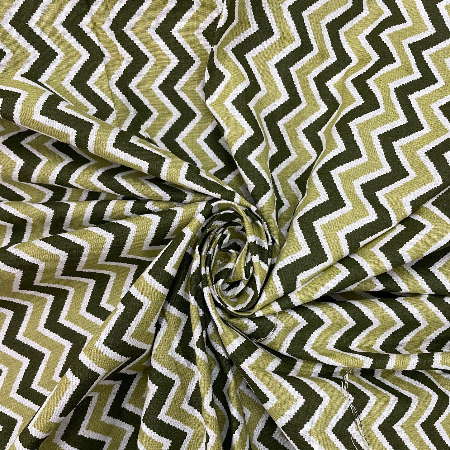 Olive Green Chevron Print Poplin Cotton Fabric - TradeUNO