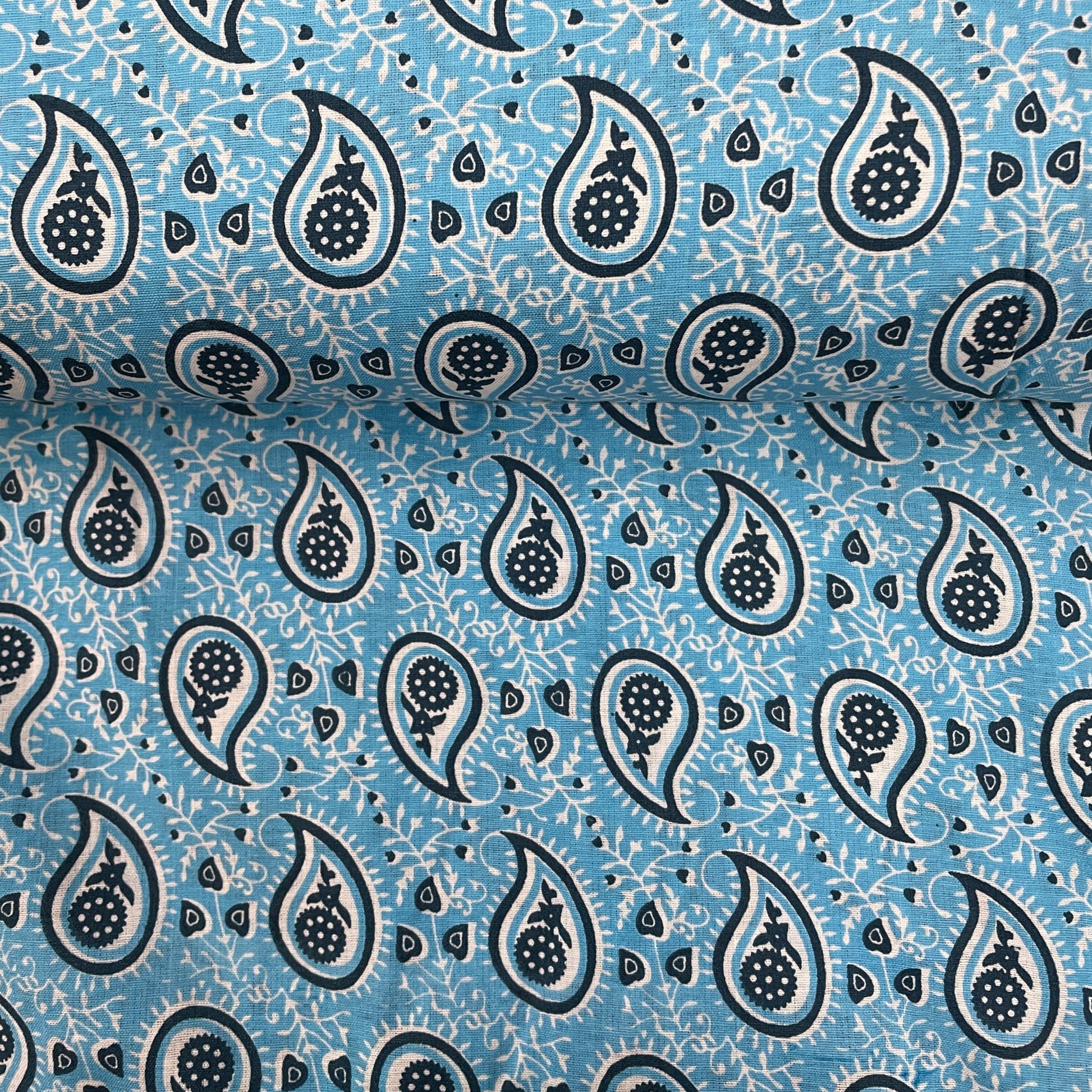 Sky Blue Paisley Print Poplin Cotton Fabric - TradeUNO