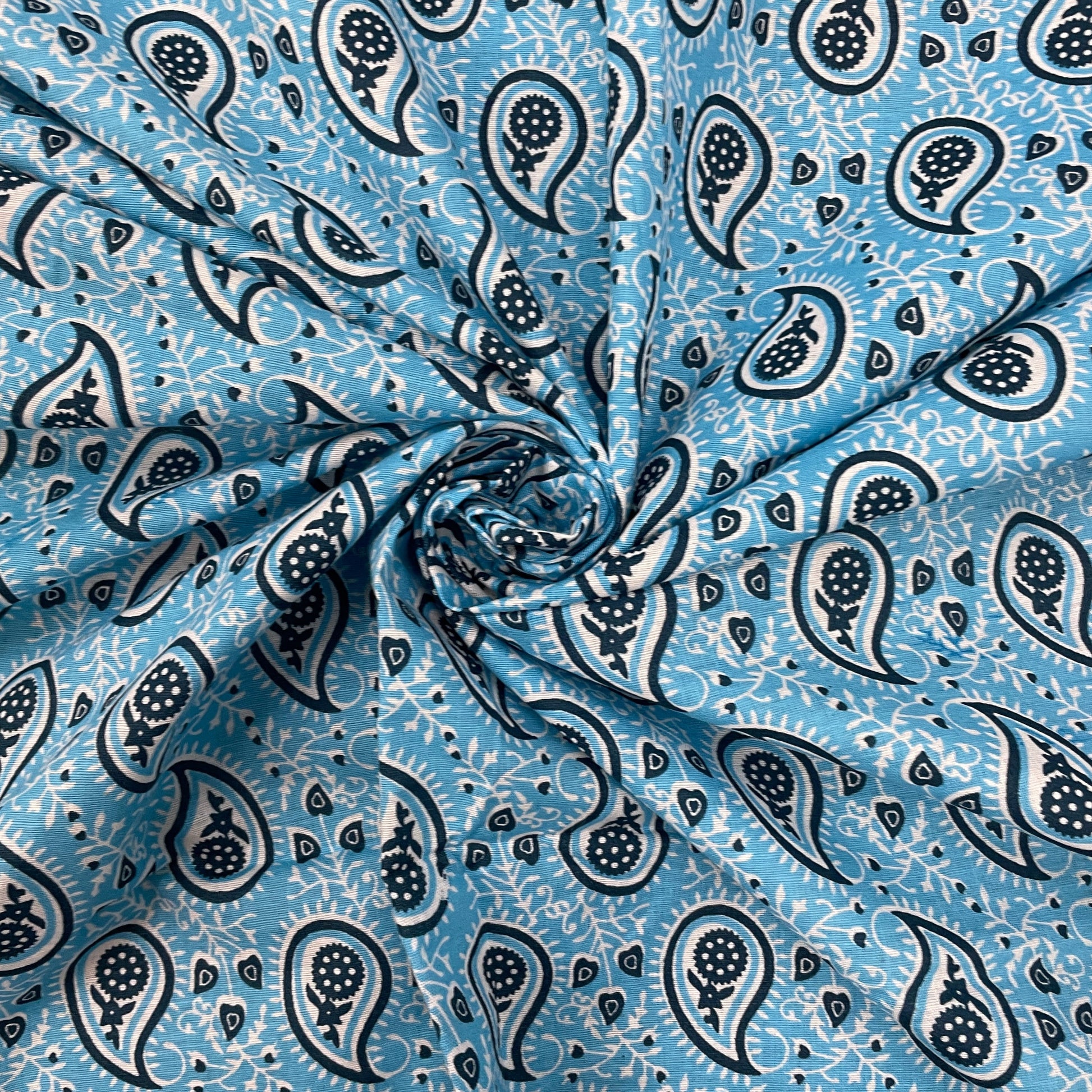 Sky Blue Paisley Print Poplin Cotton Fabric - TradeUNO